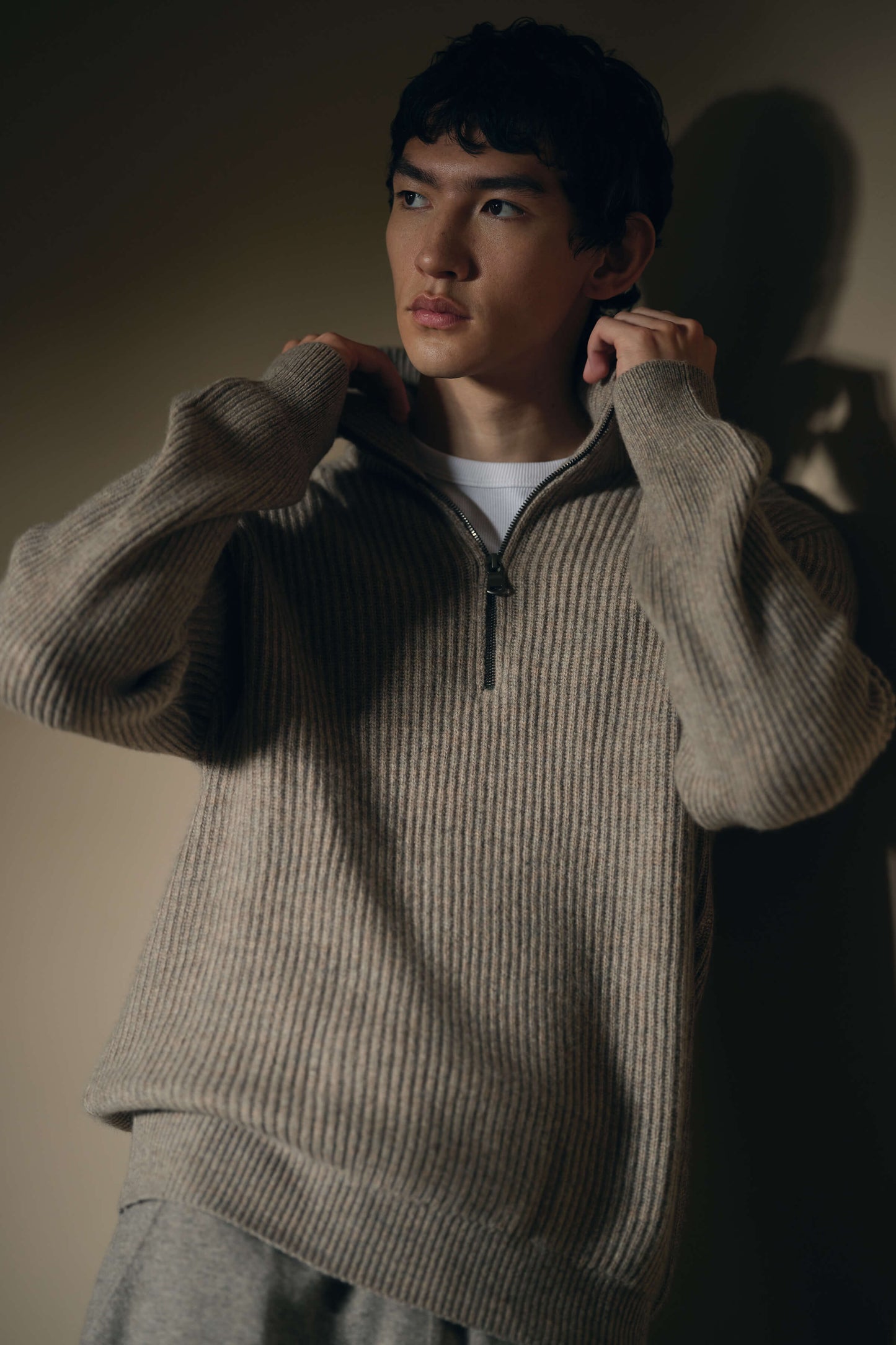 Johnstons of Elgin AW24 Men's Knitwear Ash Ribbed Cashmere Zip Turtle Neck Jumper