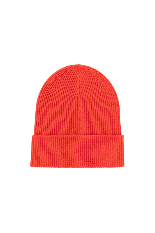Johnstons of Elgin’s Orkney Red Slouchy Ribbed Cashmere Beanie on white background HAE03325SE0661
