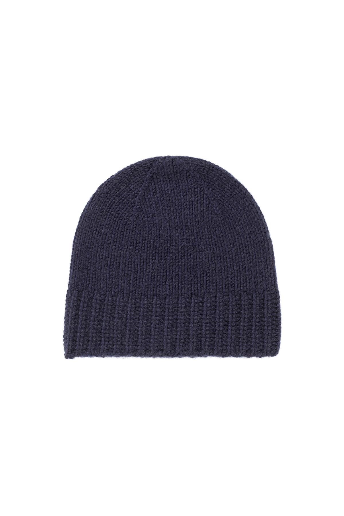 Johnstons of Elgin’s Navy Cashmere Chunky Rib Beanie on white background HAT03246SD0707