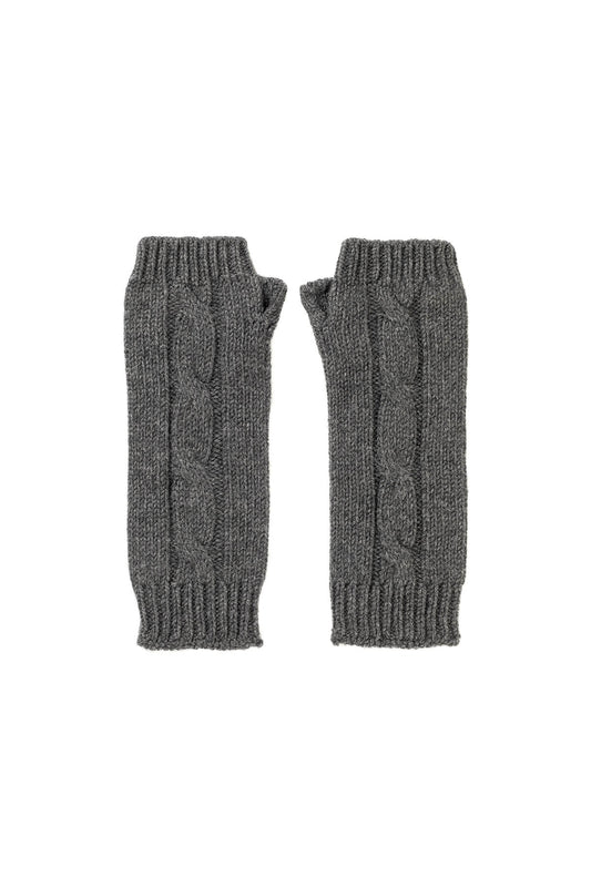 Johnstons of Elgin’s Mid Grey Cable Cashmere Wrist Warmers on a white background HAY03197HA4181