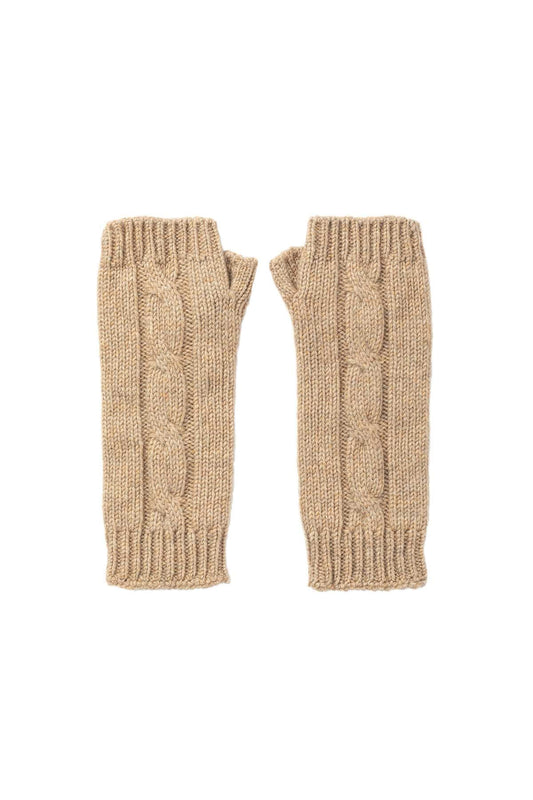 Johnstons of Elgin’s Oatmeal Cable Cashmere Wrist Warmers a white background HAY03197HB0210