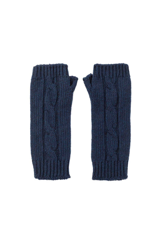 Johnstons of Elgin’s Ocean blue Cable Cashmere Wrist Warmers on a white background HAY03197HD7244