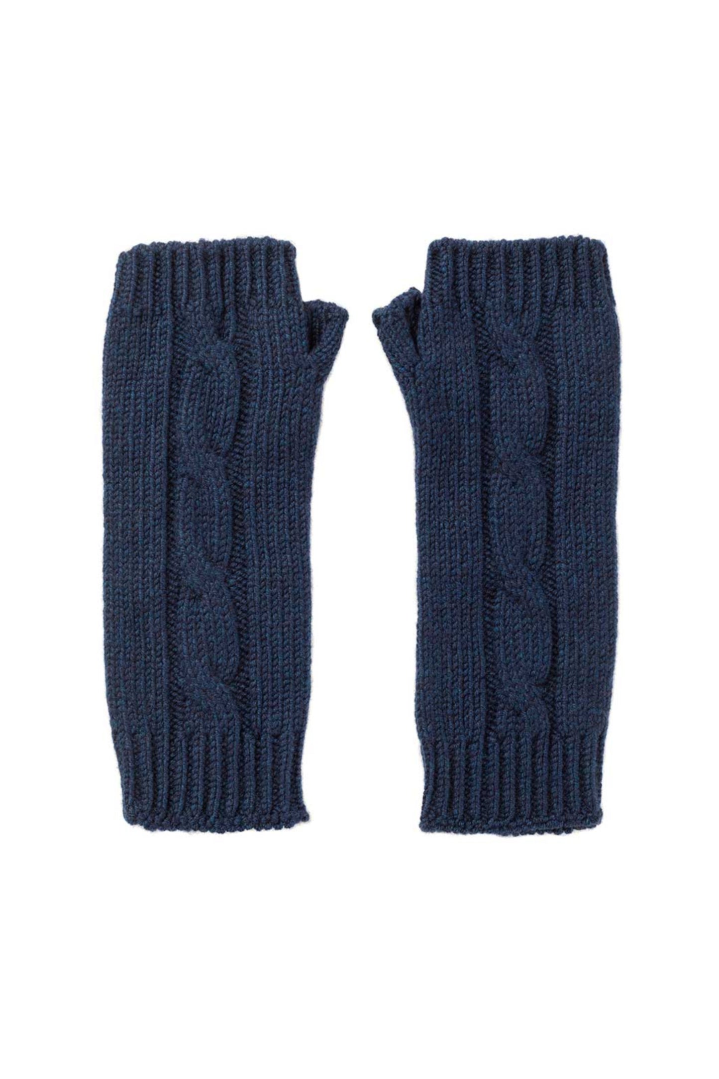 Johnstons of Elgin’s Ocean blue Cable Cashmere Wrist Warmers on a white background HAY03197HD7244