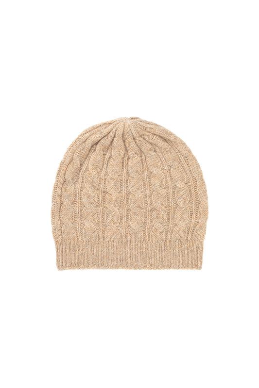 Johnstons of Elgin’s Oatmeal Gauzy Cable Cashmere Relaxed Beanie on a white background HAY03300HB0210