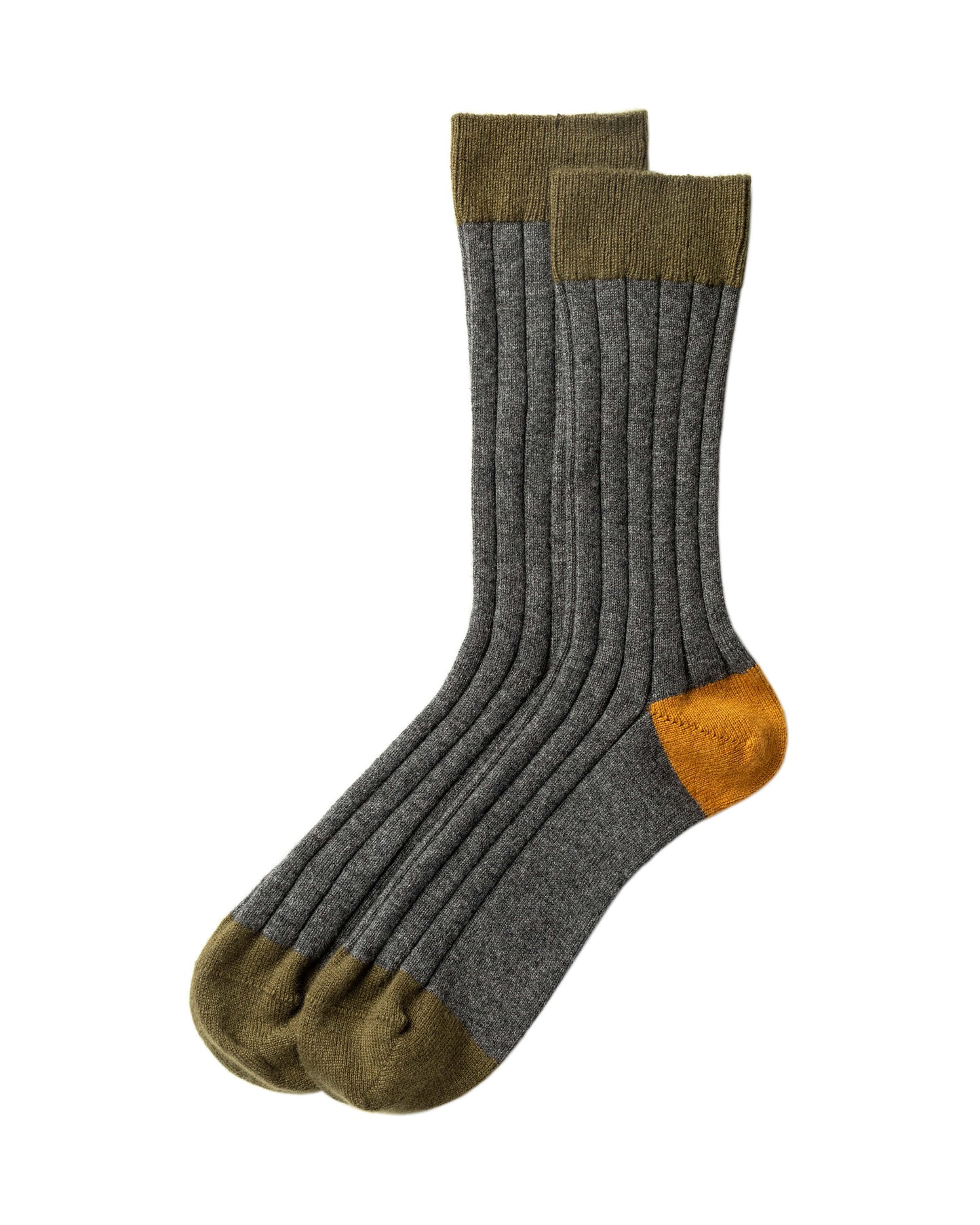 Johnstons of Elgin AW24 Knitted Accessory Olive & Mid Grey & Ochre Colour Block Men's Cashmere Socks HBN00010Q24563M