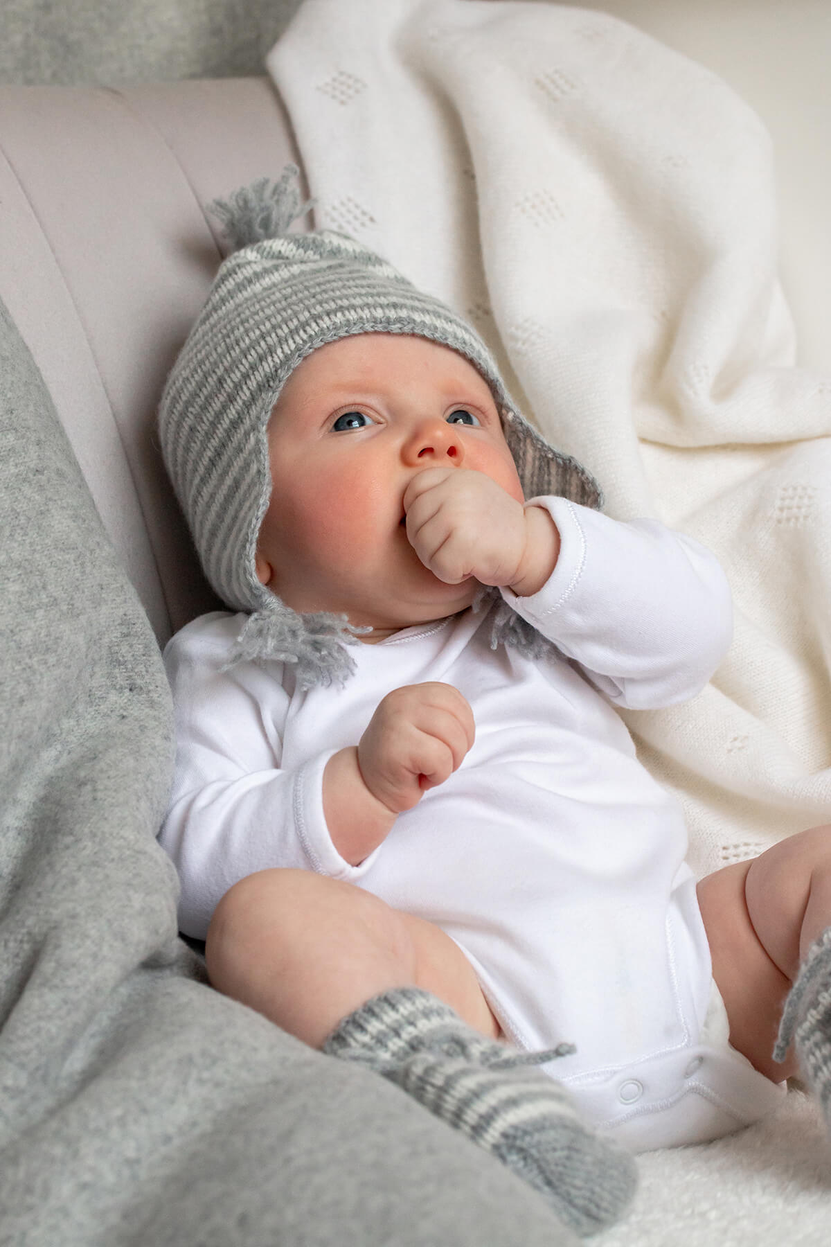 Hand Knitted Stripy Cashmere Baby Hat Johnstons of Elgin