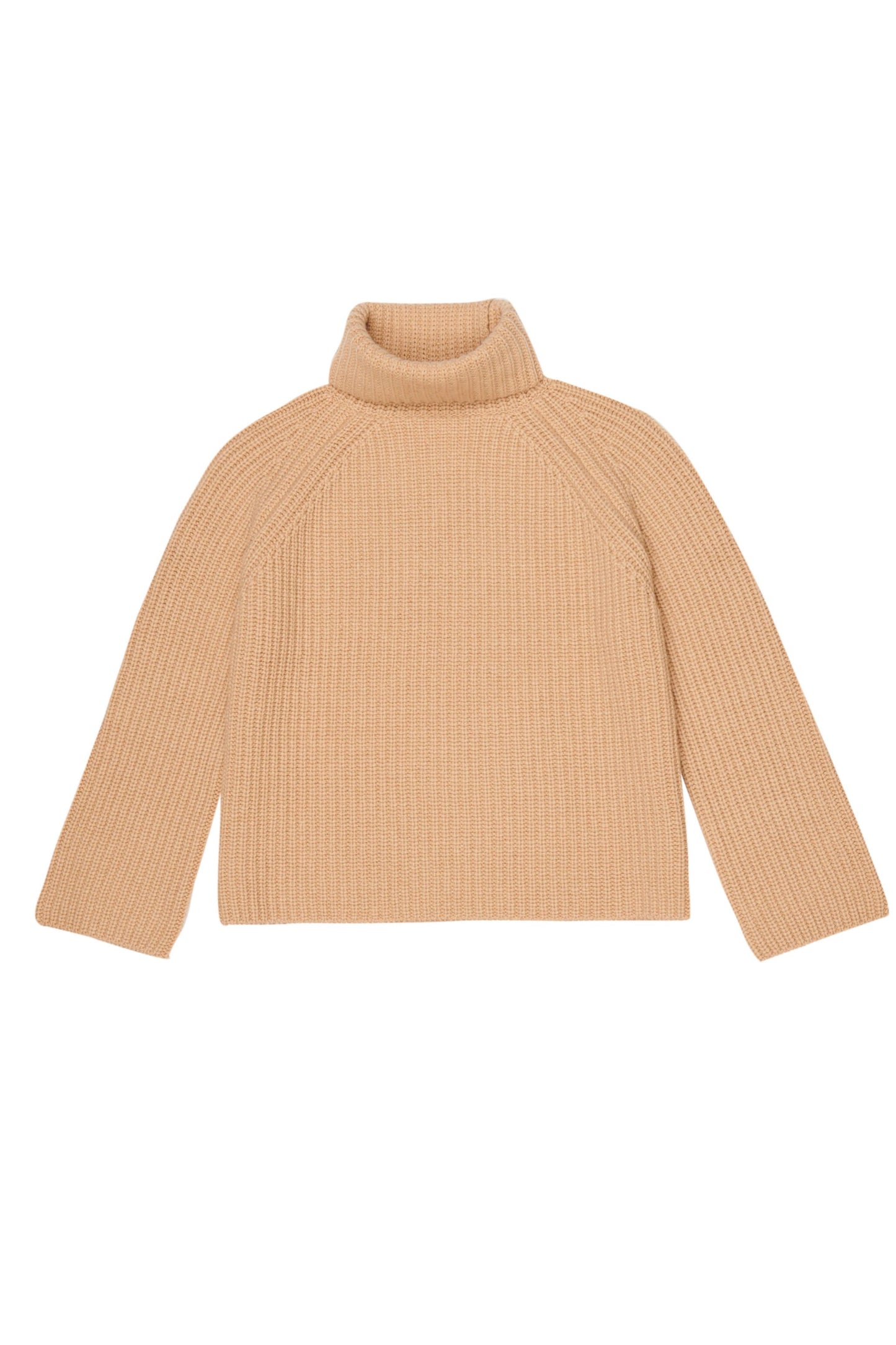 Johnstons of Elgin Women’s Oversized Rib Roll Neck Cashmere Jumper in Camel on a white background KAC03917SB4282