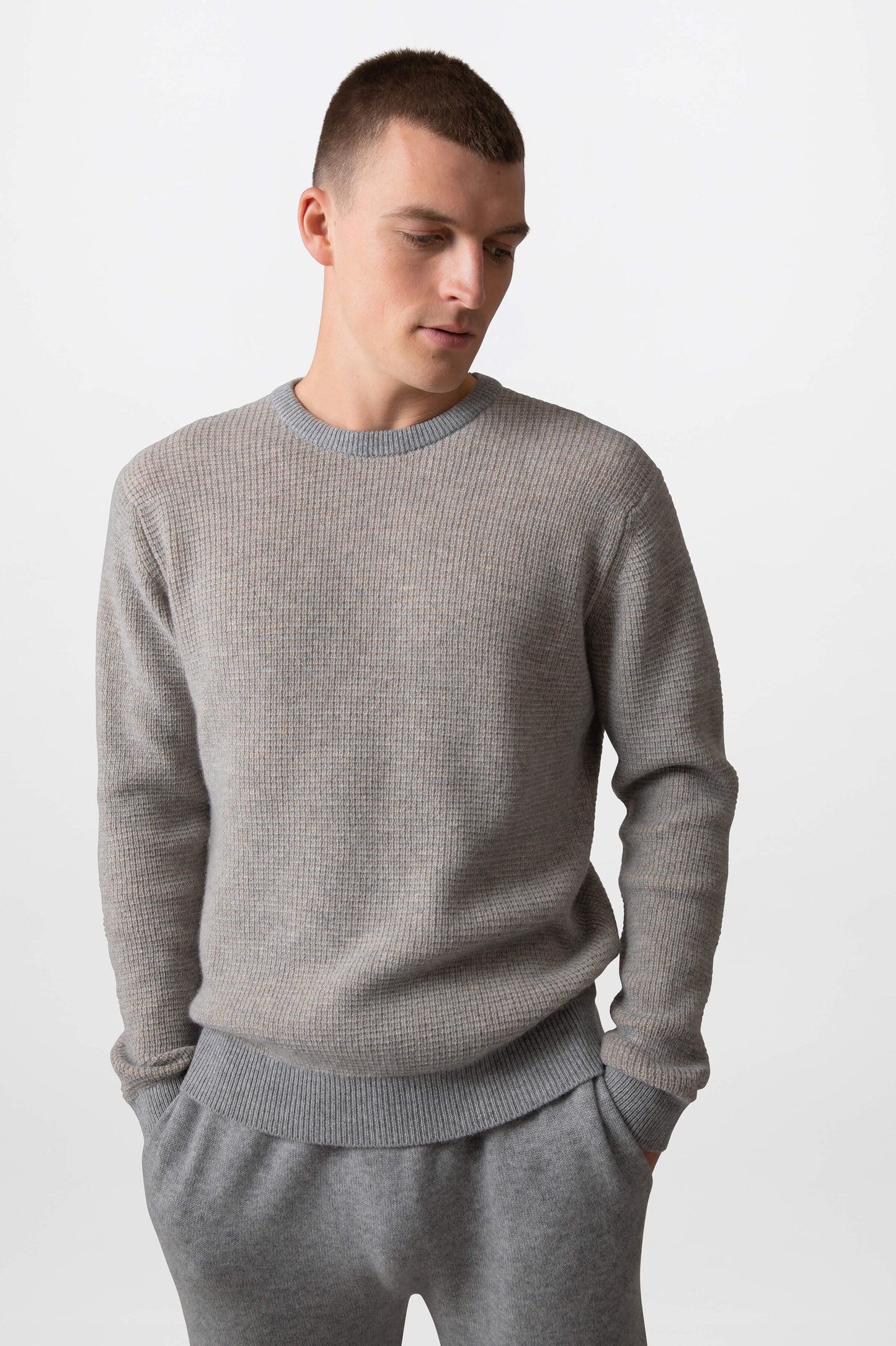 Johnstons of Elgin Mens Knitwear Light Grey & Oatmeal Textured Waffle Rib Cashmere Jumper KAA05042Q23703