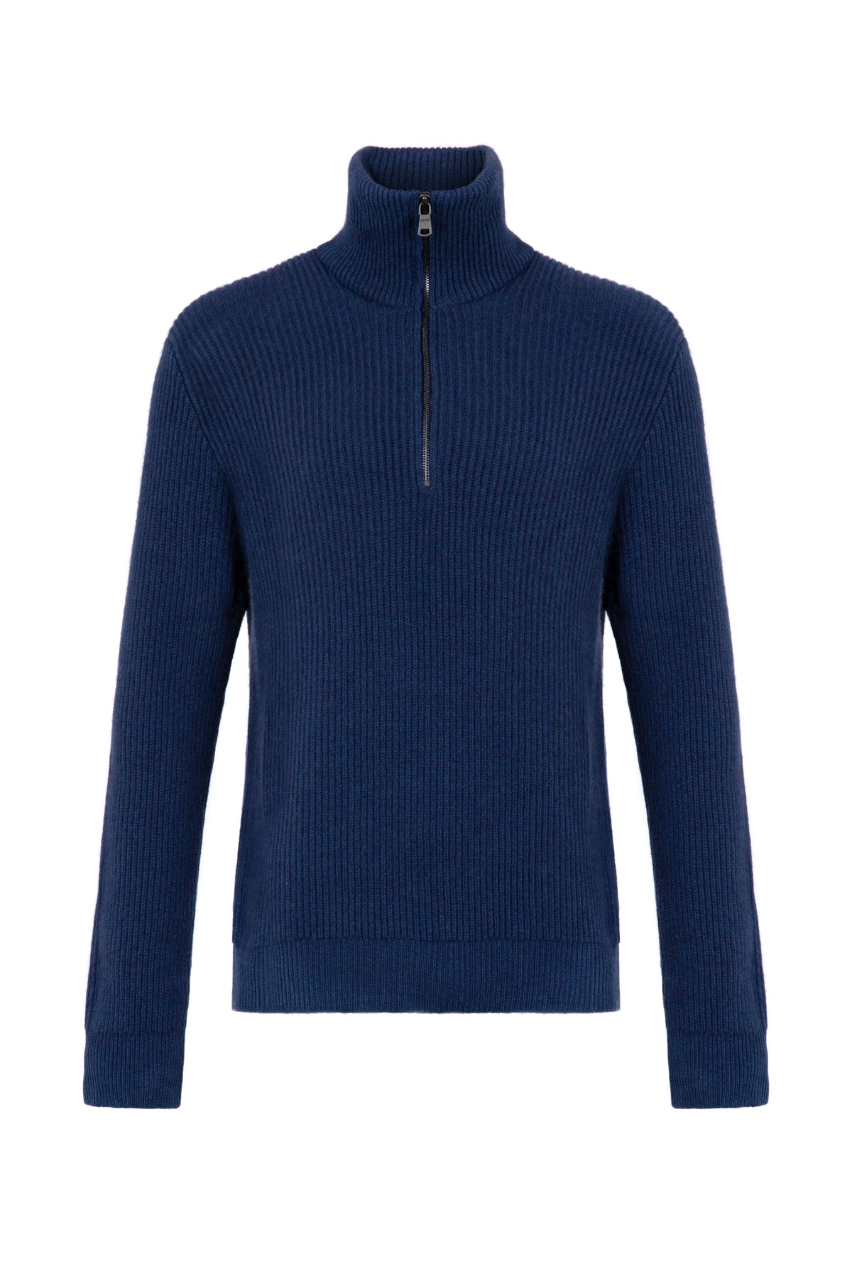 Johnstons of Elgin Men's Knitwear Ocean Blue Ribbed Cashmere Zip Neck KAA05112HD7244