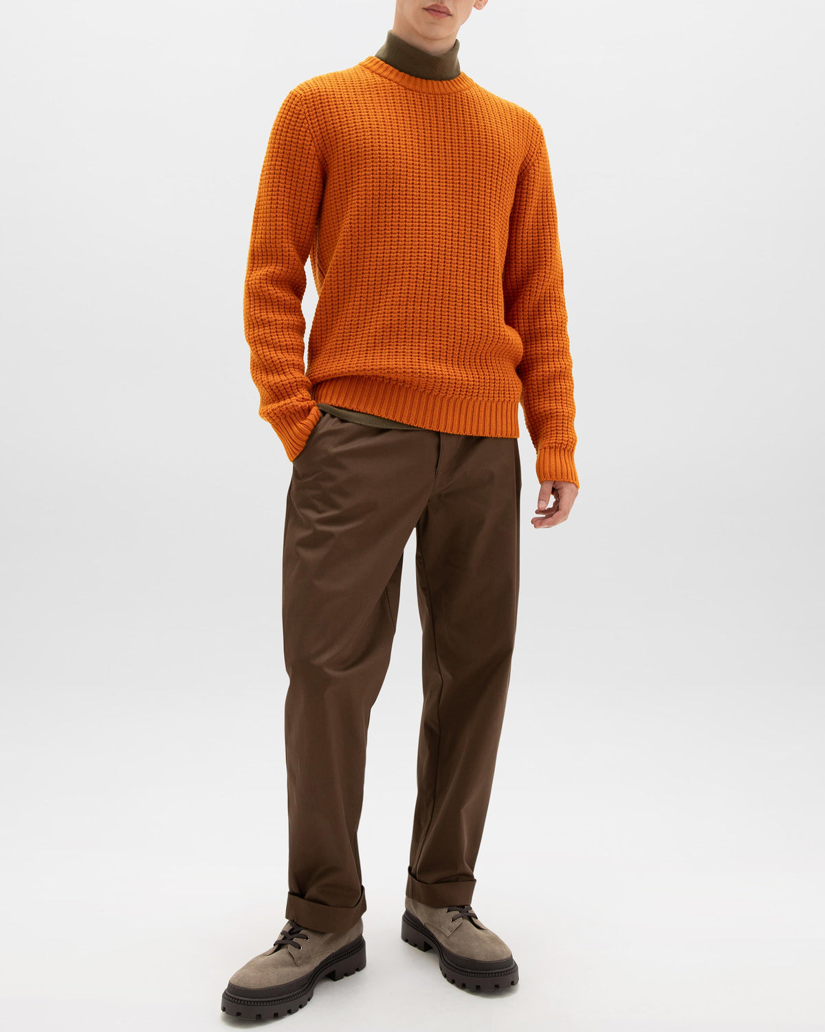 Johnstons of Elgin AW24 Men's Knitwear Burnt Orange Waffle Textured Cashmere Jumper KAA05301SG4199