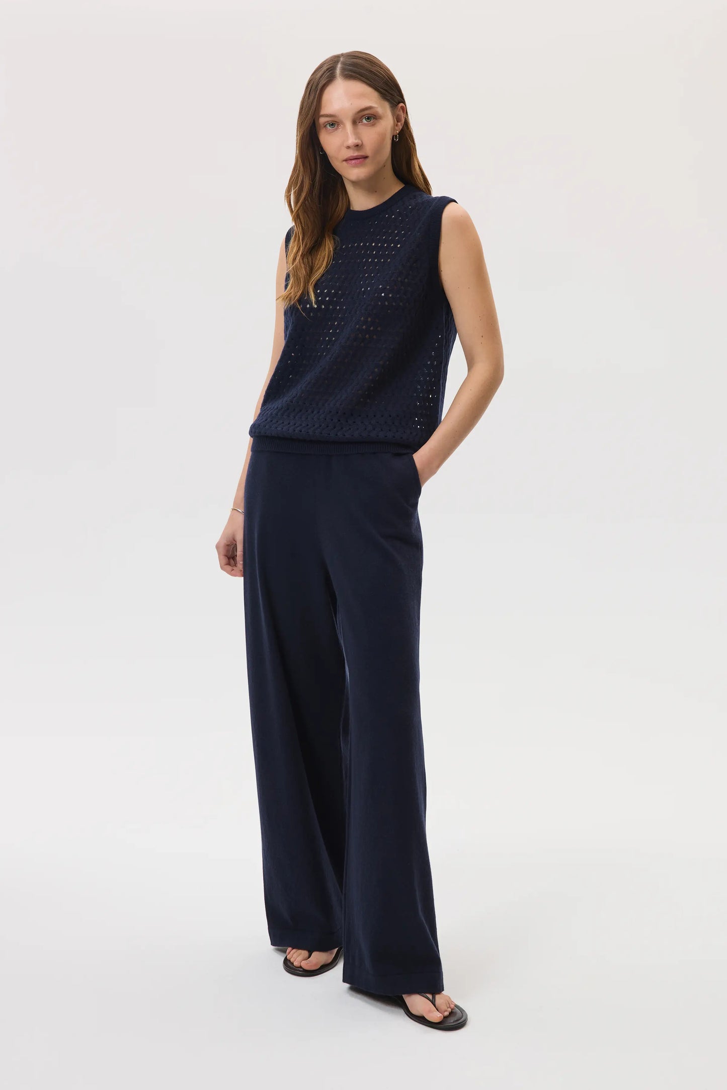 Johnstons of Elgin SS25 Women's Knitwear Navy High Rise Cashmere Culottes worn with navy cashmere mesh tank top KBP00926SD7286