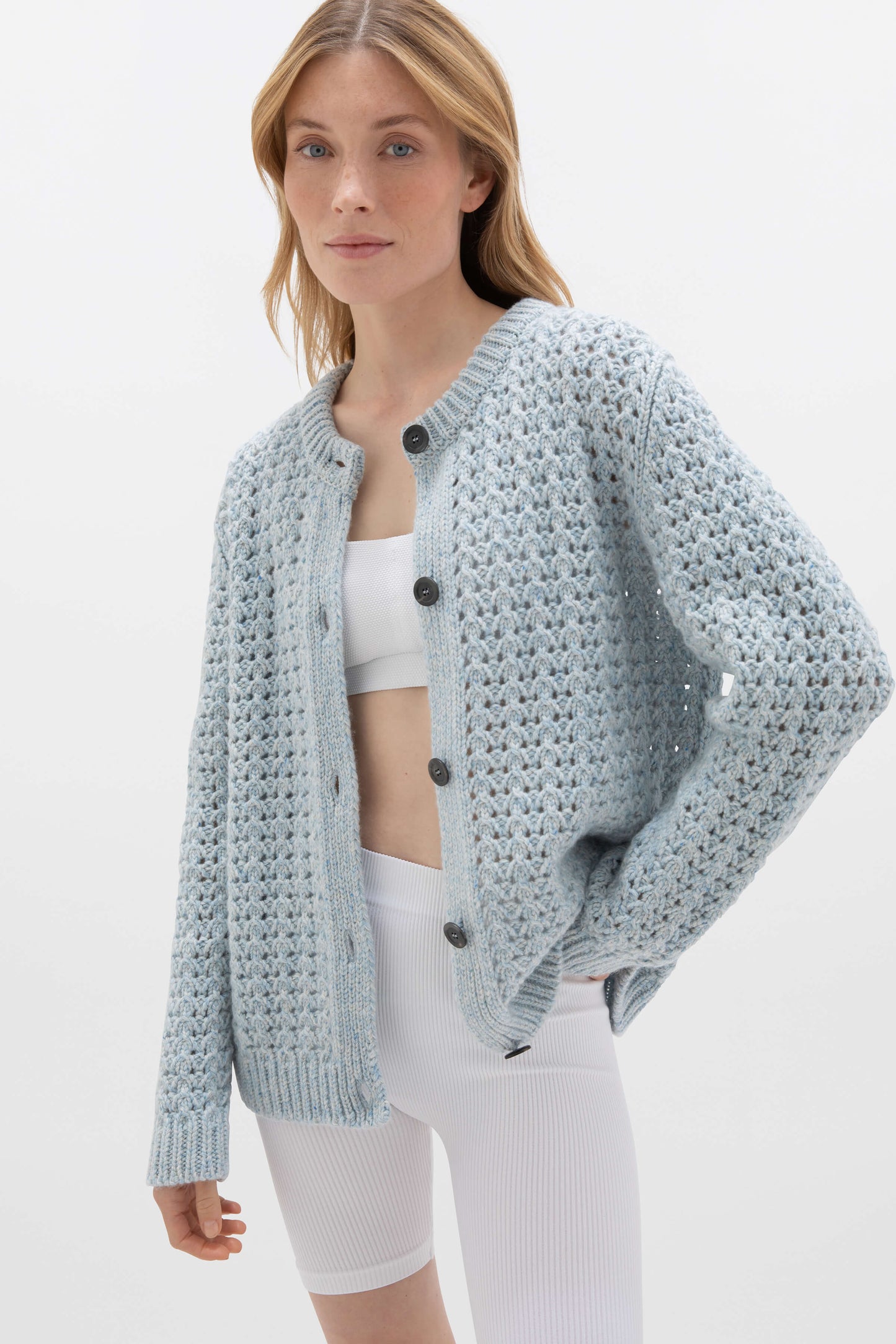 Johnstons of Elgin SS24 Women's Knitwear Sea Breeze Blue Donegal Marl Crochet Stitch Donegal Cashmere Cardigan KAB05215004612