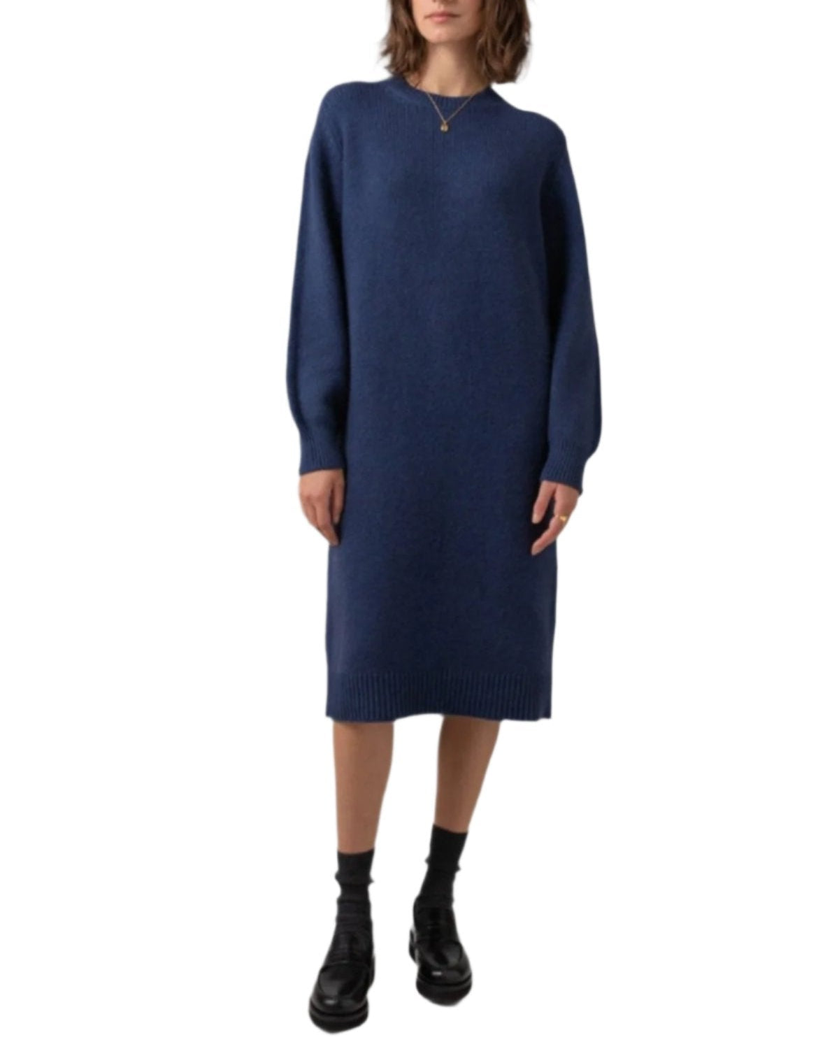 Johnstons of Elgin Crew Neck Cashmere Jumper Dress in Ocean a grey background KAC05045HD7244