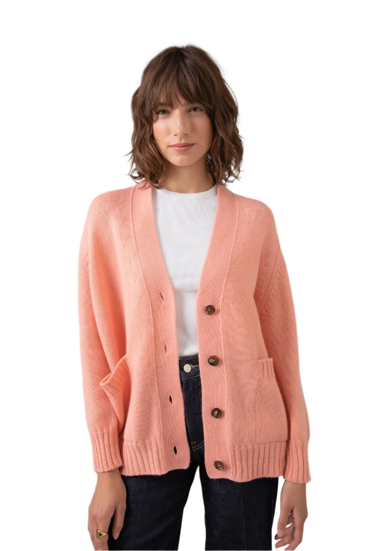 Johnstons of Elgin Women's Relaxed Fit Cashmere Cardigan in Sea Pink worn with a White T-Shirt KAC05087SE4916