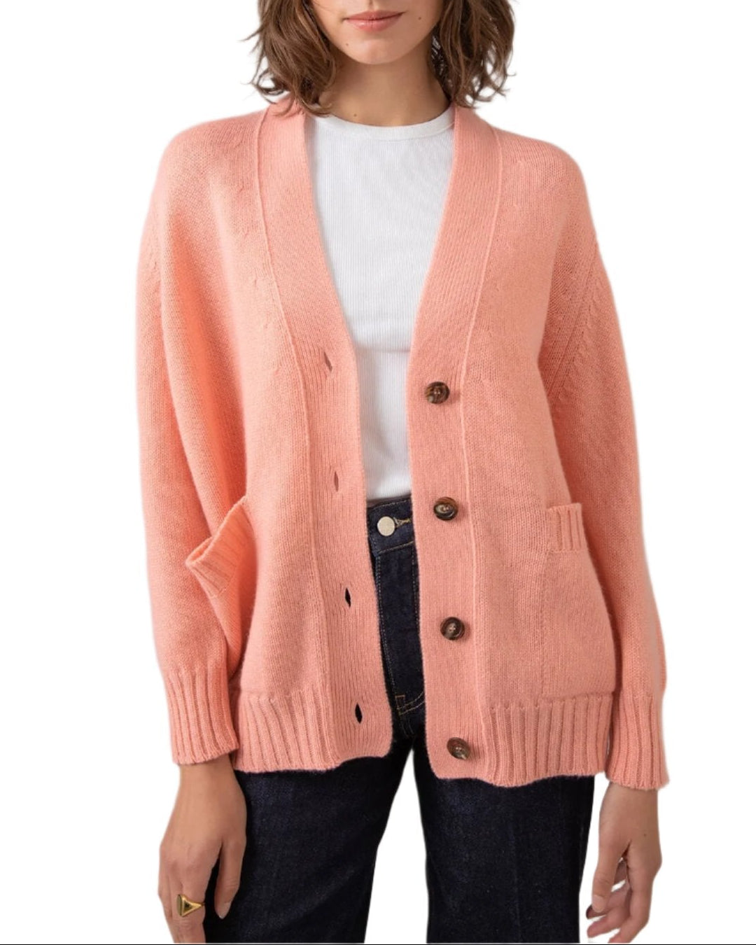 Johnstons of Elgin Women's Relaxed Fit Cashmere Cardigan in Sea Pink worn with a White T-Shirt KAC05087SE4916