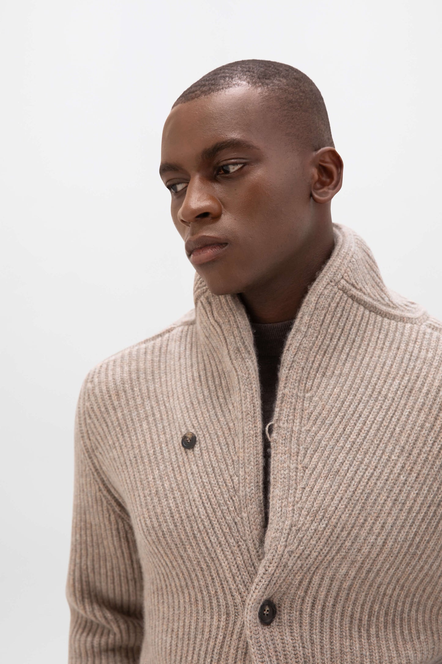 Ribbed Shawl Collar Light Brown Cashmere Cardigan