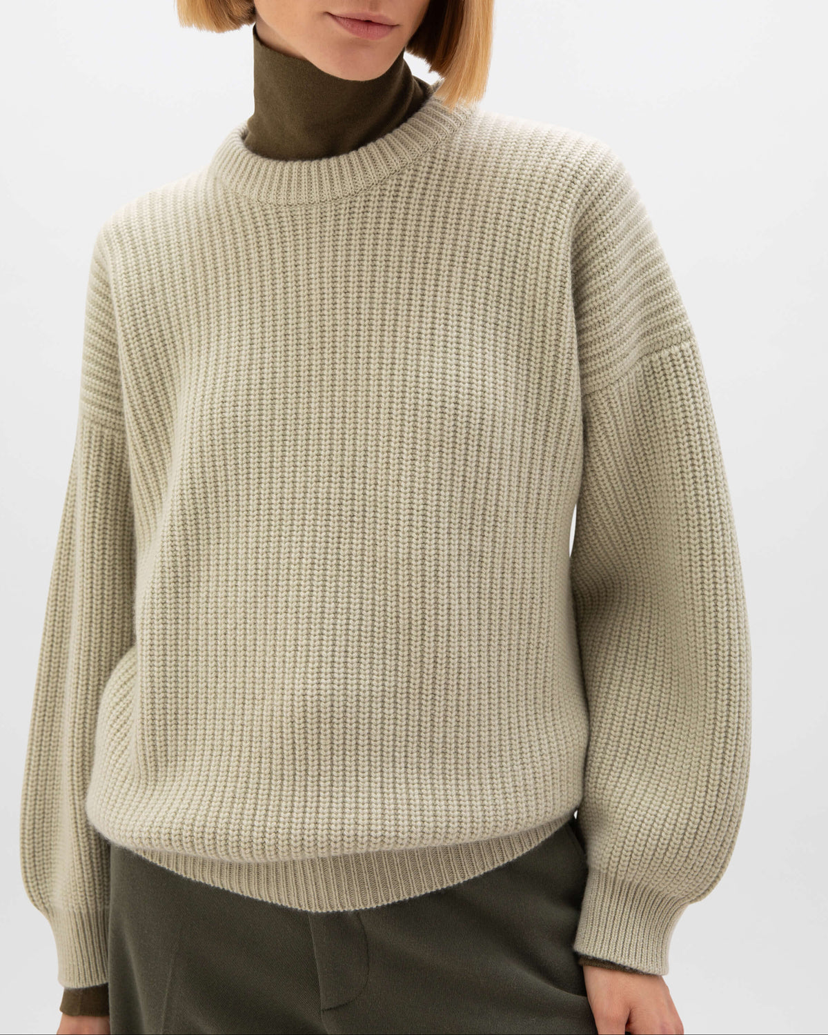 Johnstons of Elgin AW24 Women's Knitwear Lichen Gauzy Cashmere Ribbed Sweater KAC05285SC0158