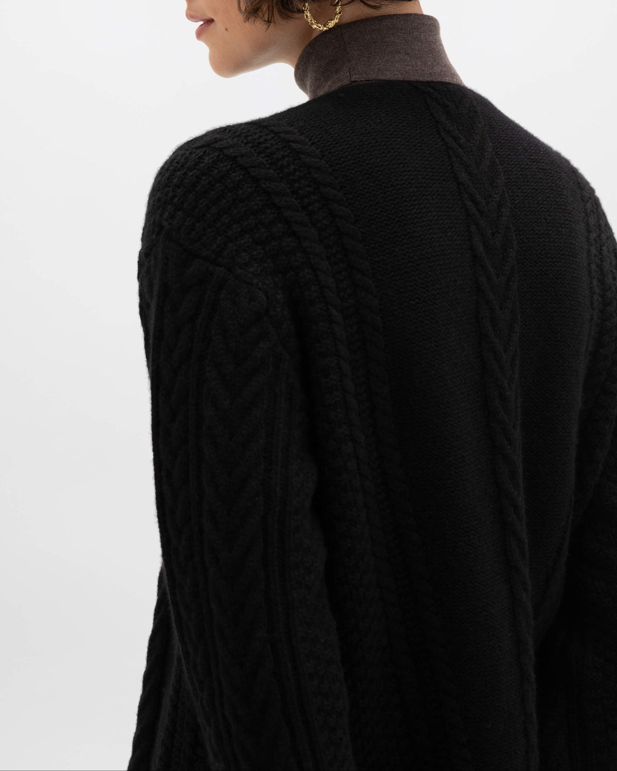 Johnstons of Elgin AW24 Women's Knitwear Black Aran Cable Cashmere Waterfall Cardigan KAC05307SA0900