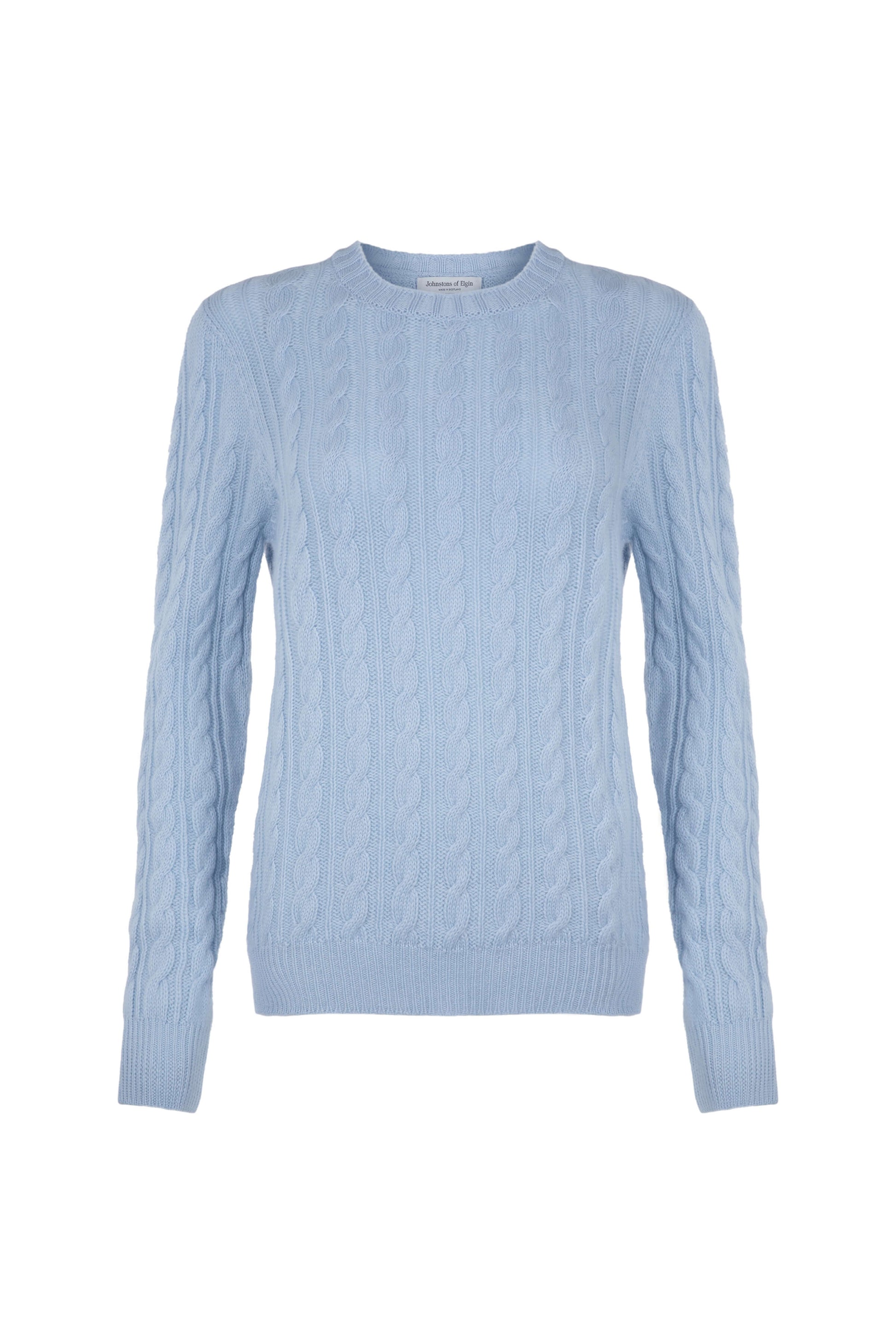 Johnstons of Elgin SS24 Women's Knitwear Sea Breeze Blue Cable Cashmere Sweater KAI05085SD0167