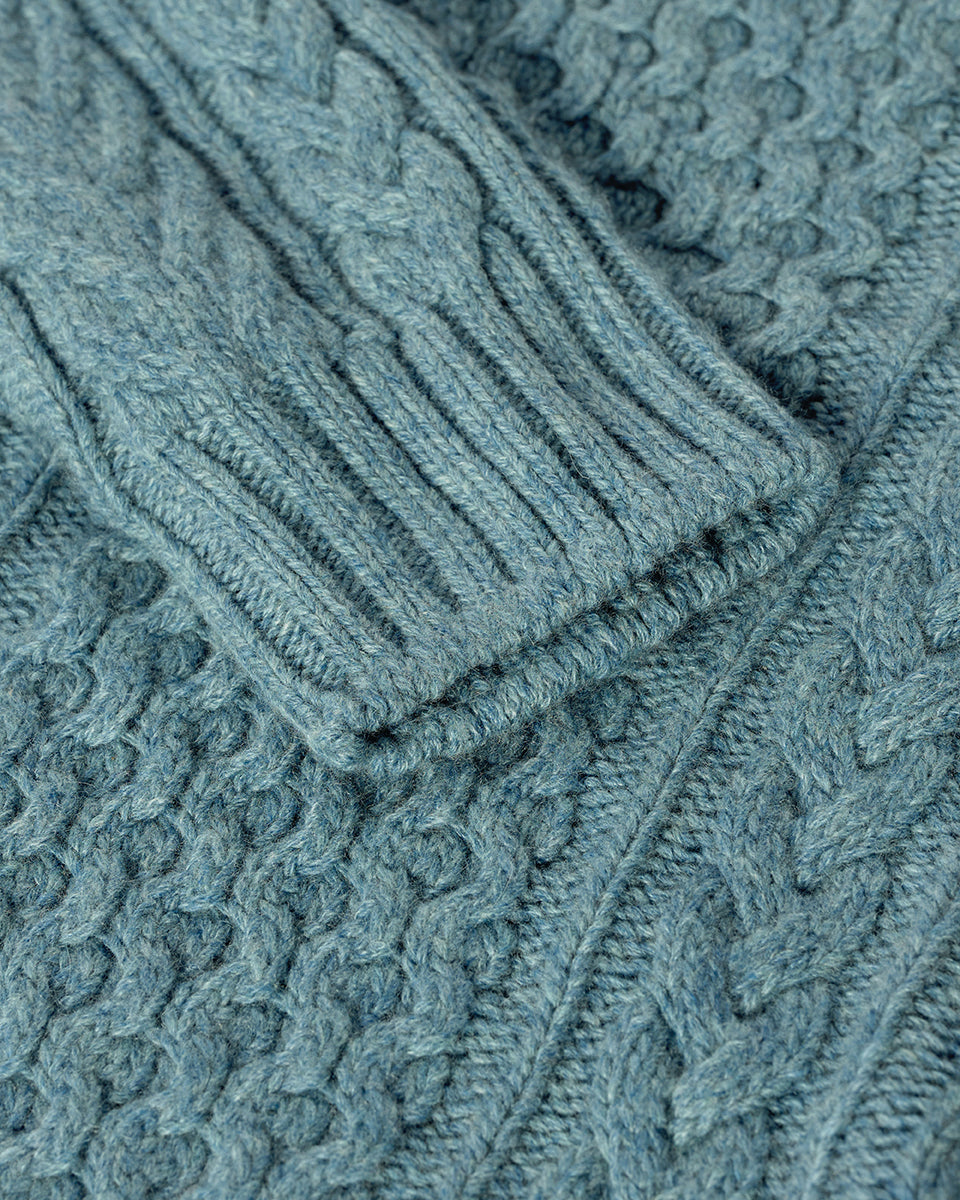 Johnstons of Elgin AW25 Women's Knitwear Seascape Aran Cable Green Cashmere Jumper Close up KAI05086HC0038