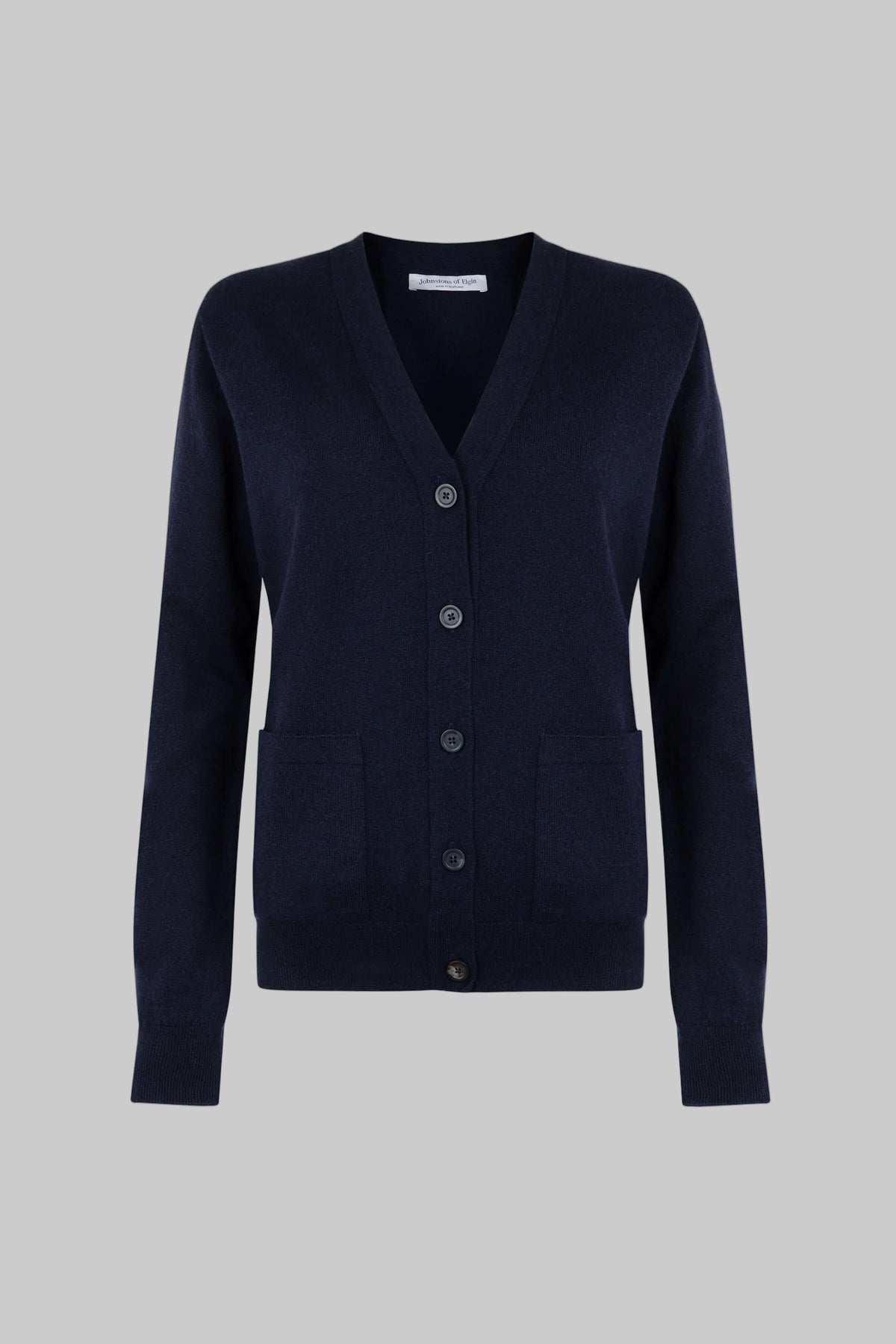 Johnstons of Elgin Women's Cashmere Boyfriend Cardigan in Navy on a white background KAI05141SD0707