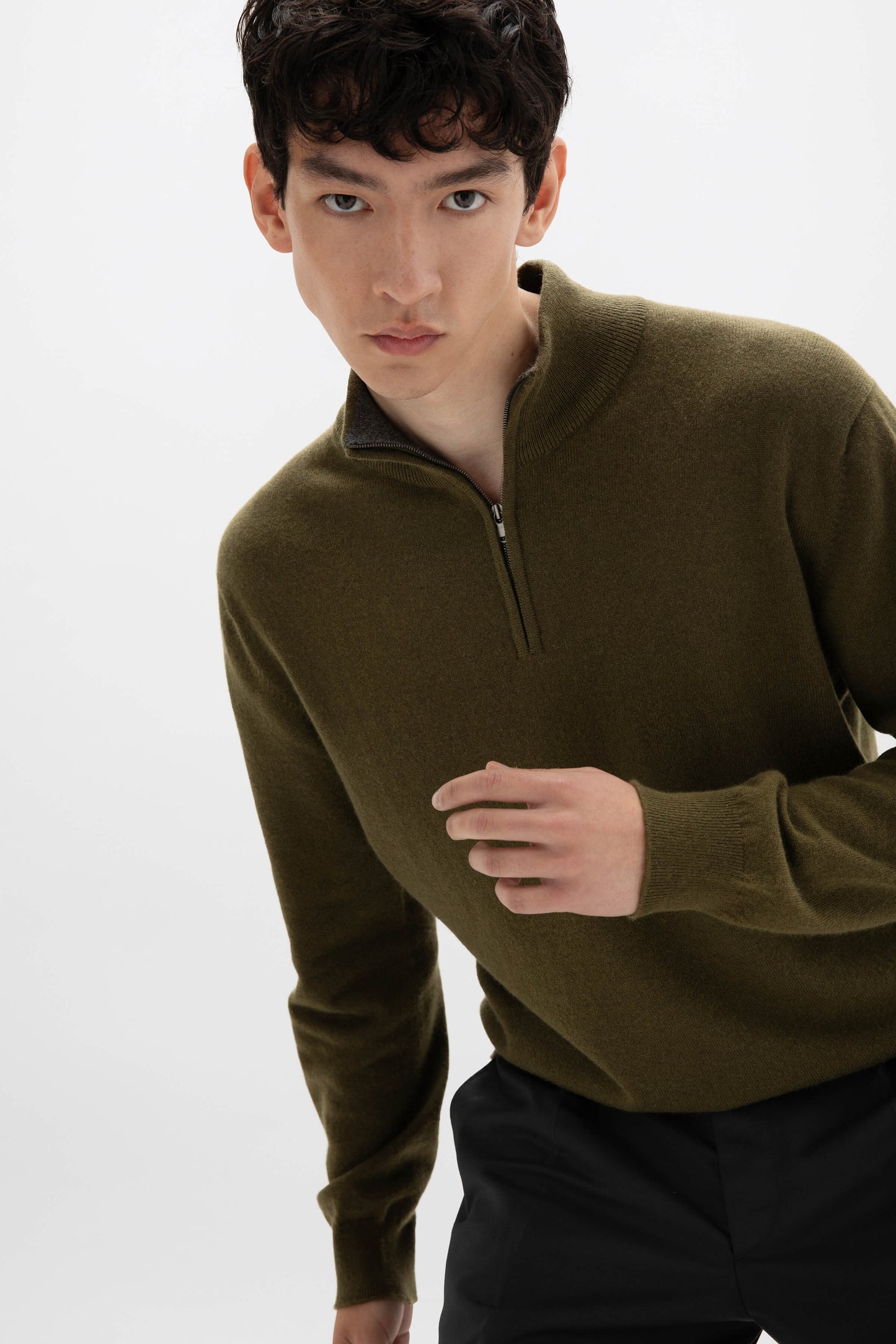 Olive Green Contrast Trim Cashmere Jumper
