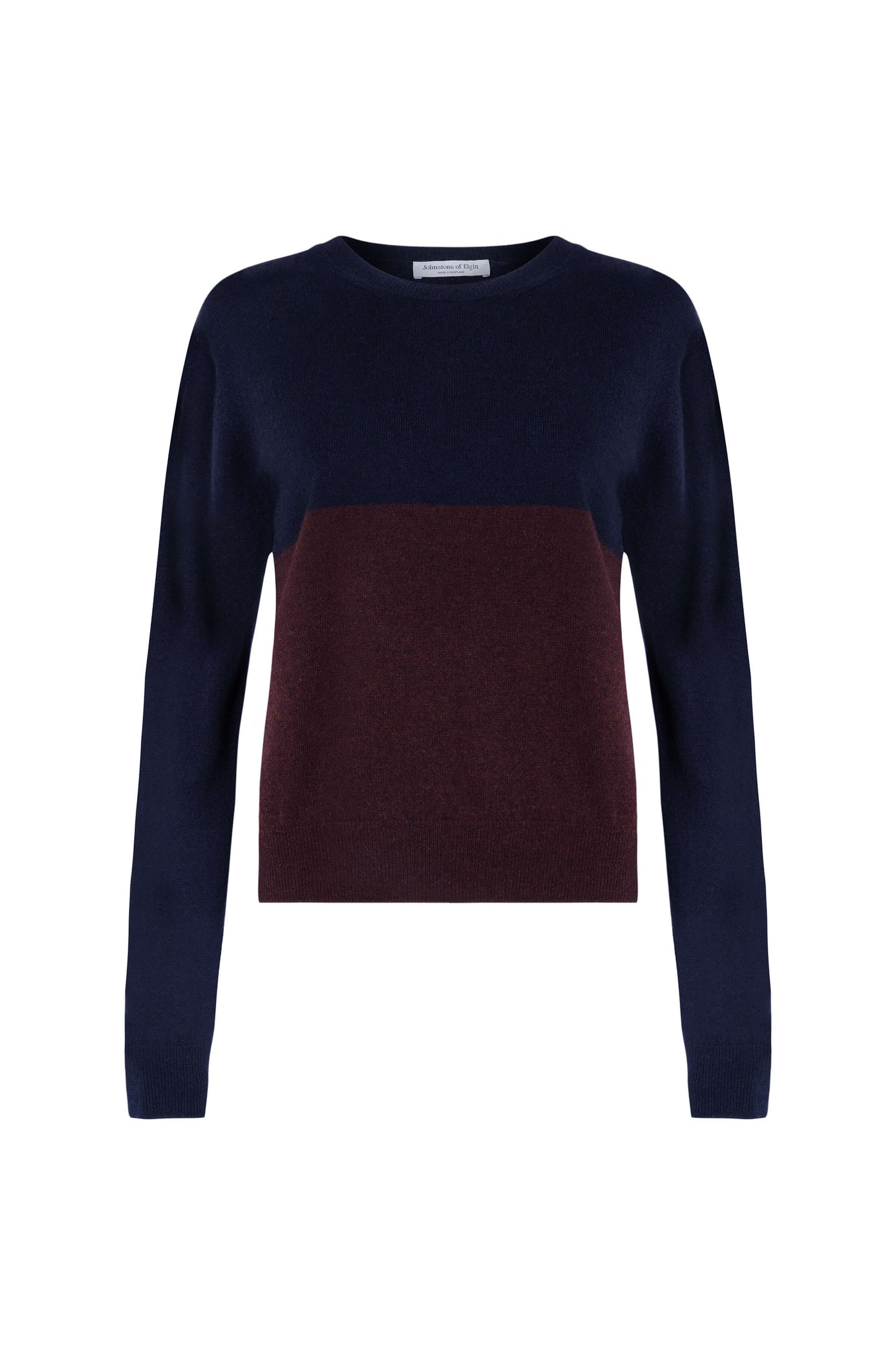 Johnstons of Elgin SS24 Women's Knitwear Malt Brown & Dark Navy Colour Block Cropped Cashmere Sweater KAI05247Q24271