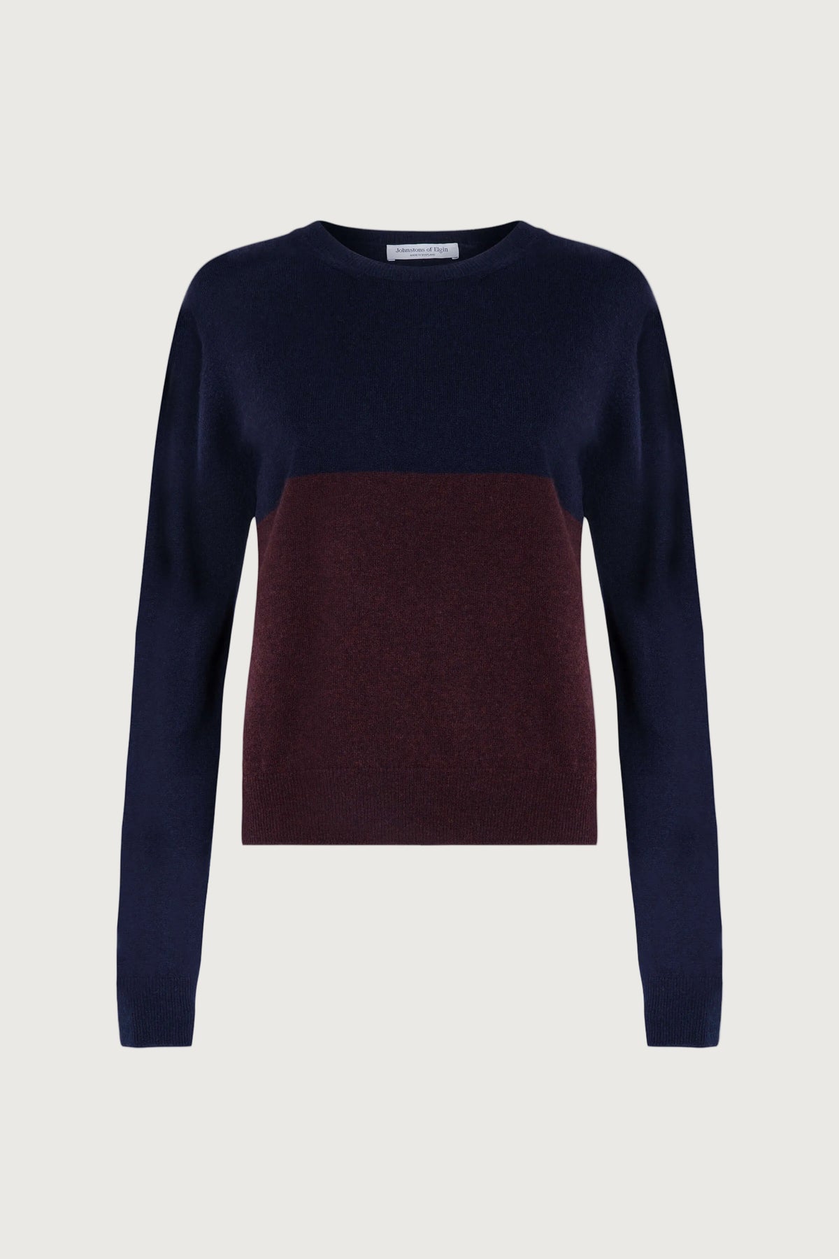 Johnstons of Elgin SS24 Women's Knitwear Malt Brown & Dark Navy Colour Block Cropped Cashmere Sweater KAI05247Q24271