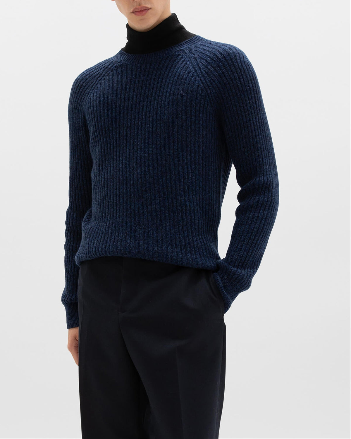 Johnstons of Elgin AW24 Unisex Knitwear Ocean Marl Unisex Ribbed Cashmere Sweater KAI05260004950