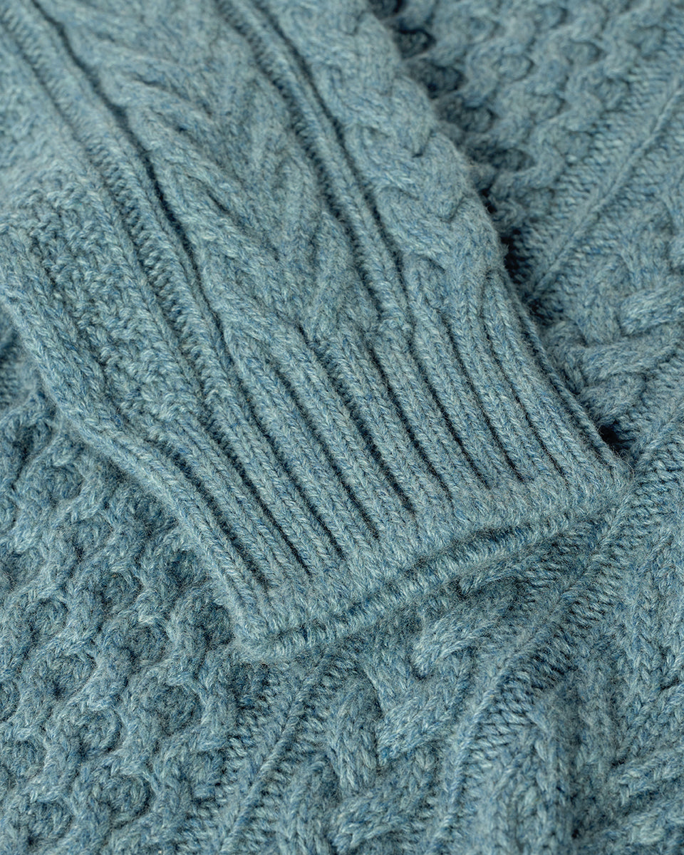 Johnstons of Elgin AW25 Men's Knitwear Seascape Aran Cable Green Cashmere Jumper Details KAI05336HC0038