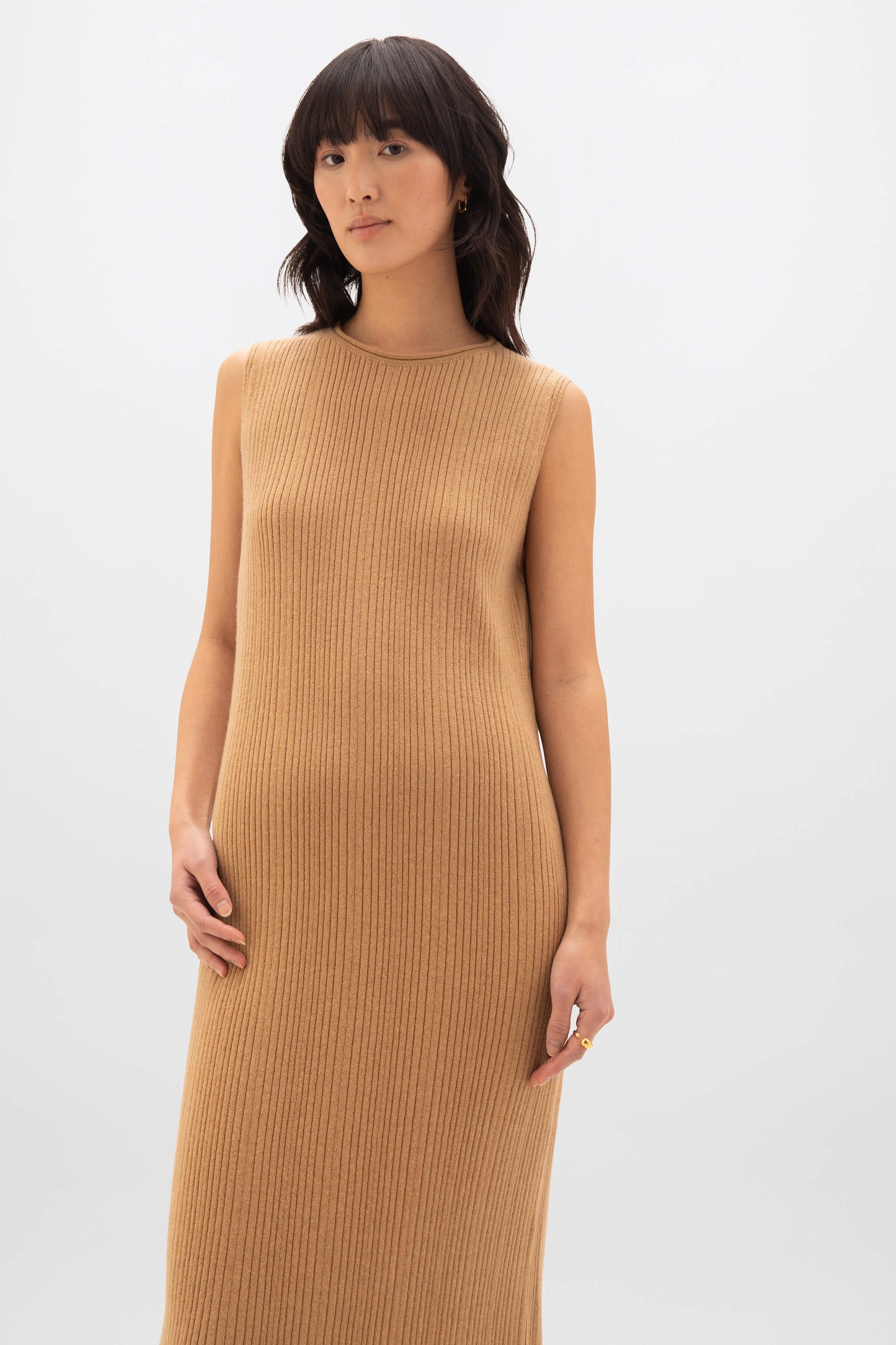 Johnstons of Elgin SS24 Women's Knitwear Camel Sleeveless Ribbed Cashmere Dress KAP05204HB4315