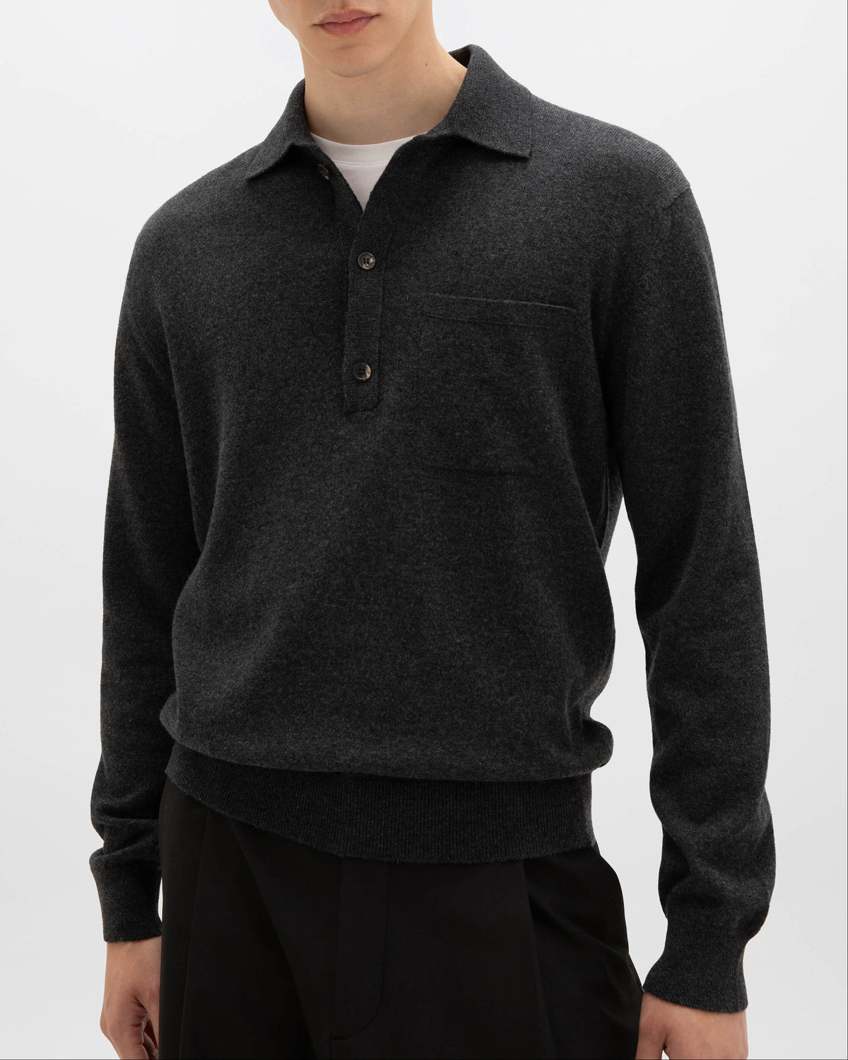 Johnstons of Elgin AW24 Men's Knitwear Charcoal Cashmere Long Sleeve Poloshirt KAP05268Q24534