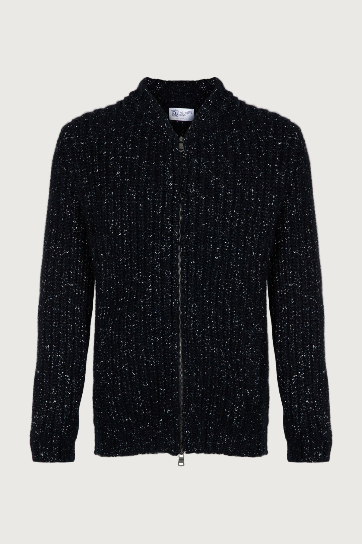 Johnstons of Elgin’s Men's Cashmere Blend Ribbed Baseball Cardigan in Black on a white background KBB00934Q23636