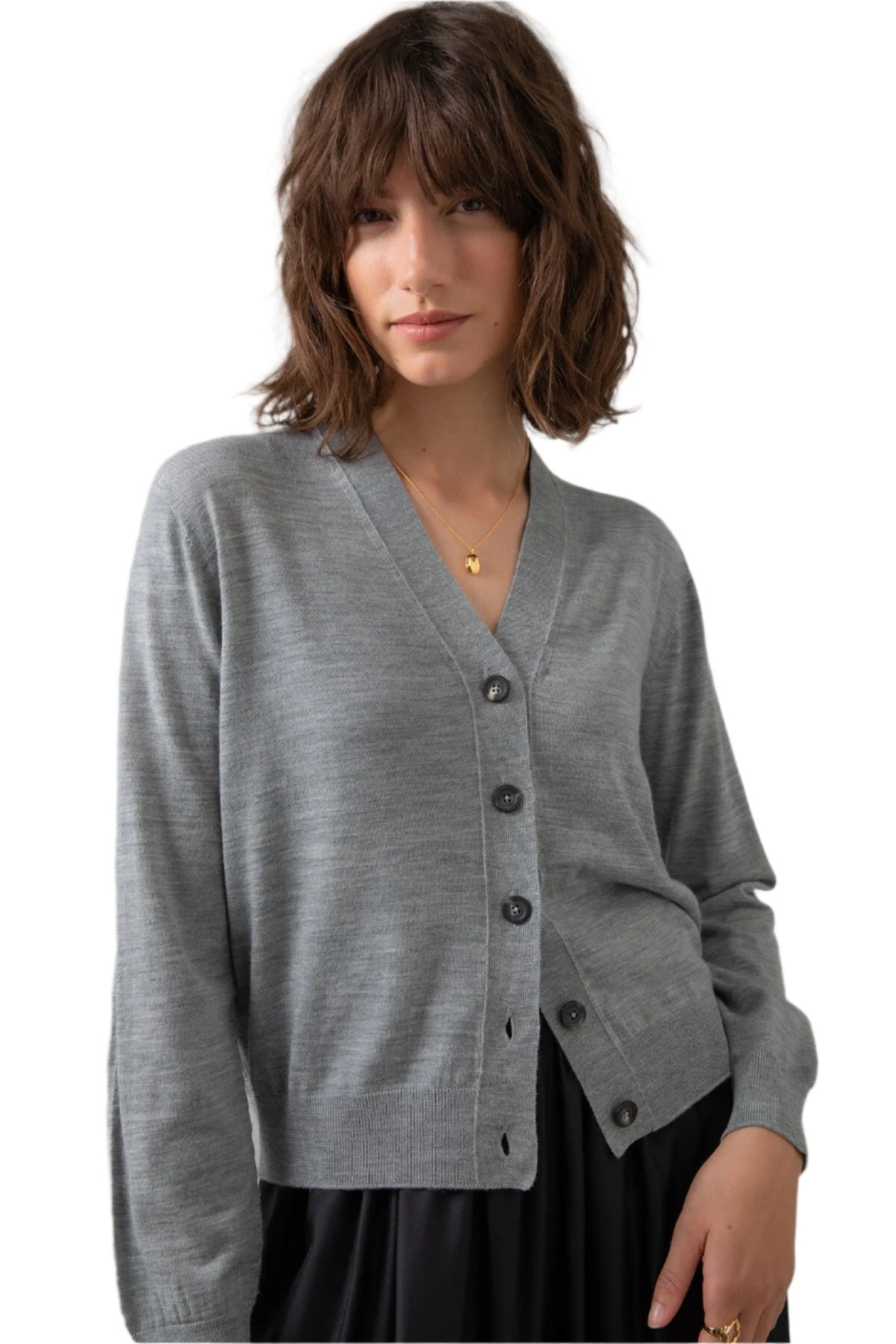 Johnstons of Elgin Women's Superfine Merino Cardigan in Light Grey on a grey background KDI00686HA4183