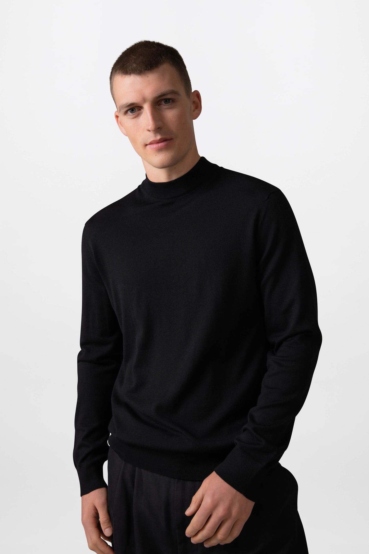 Johnstons of Elgin Men's Knitwear Black Merino Mock Turtle Neck Jumper KDI00705SA7131