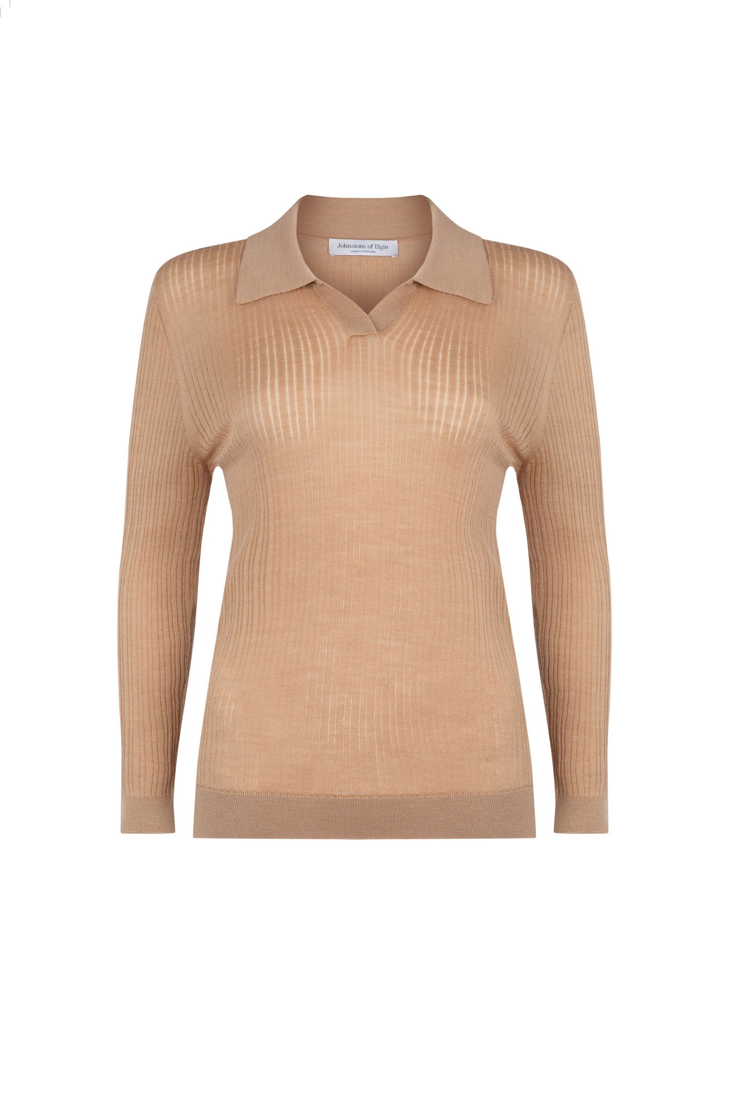 Johnstons of Elgin SS24 Women's Knitwear Camel Superfine Merino Ladder Rib Polo Shirt