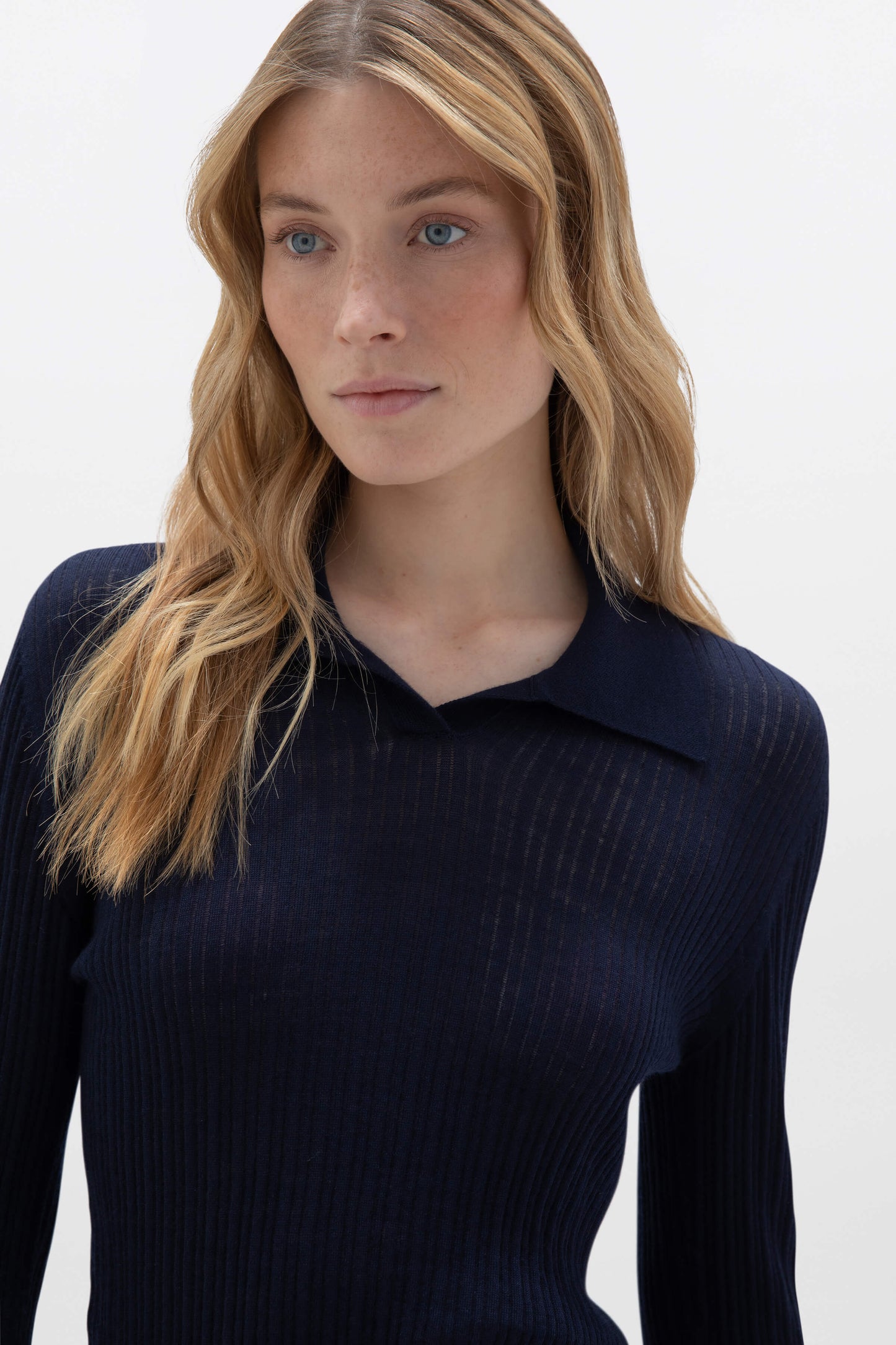 Johnstons of Elgin SS24 Women's Knitwear Dark Navy Superfine Merino Ladder Rib Polo Shirt KDI00709SD7563