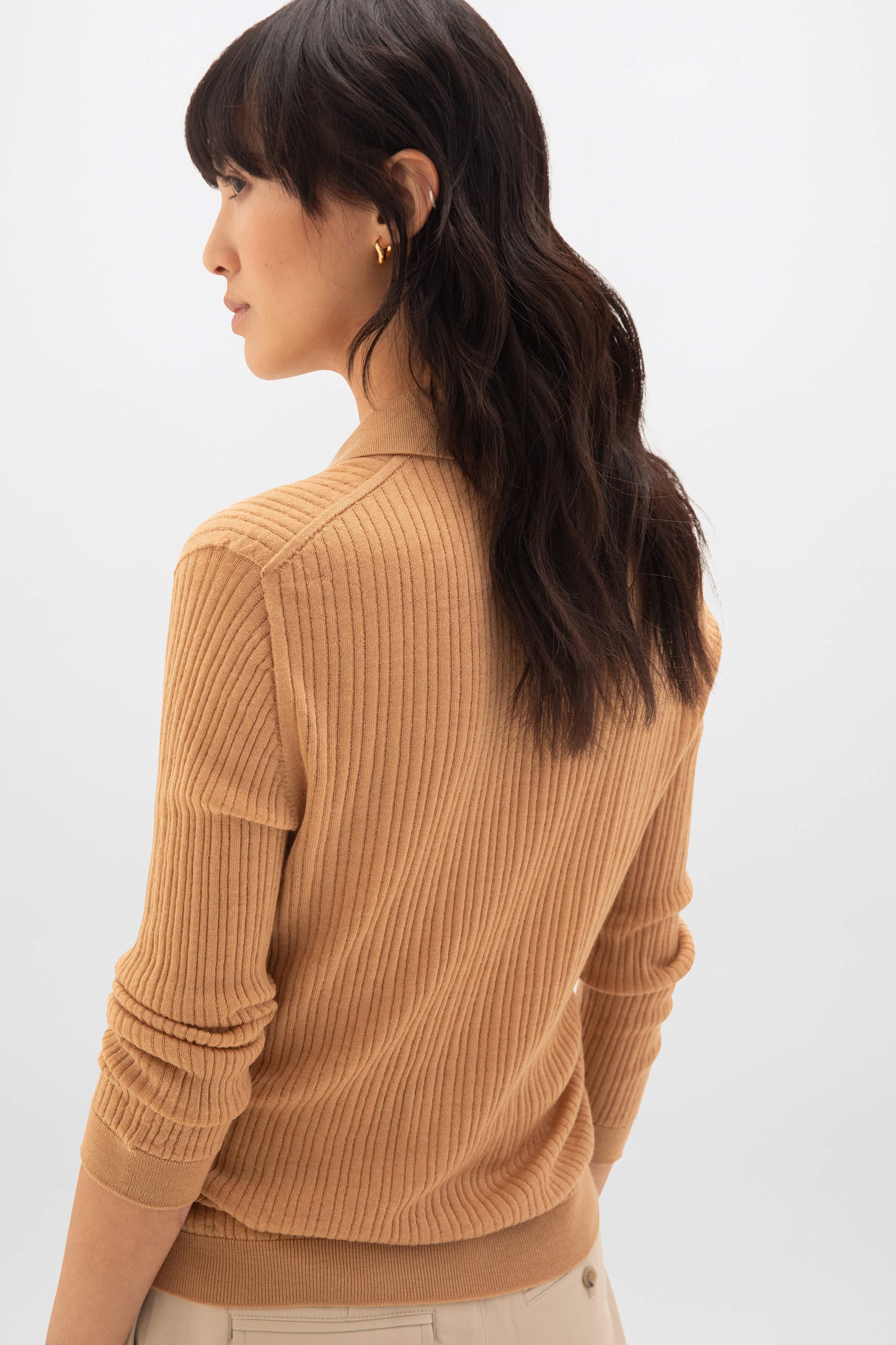 Johnstons of Elgin SS24 Women's Knitwear Camel Superfine Merino Ladder Rib Polo Shirt KDI00709SB4517