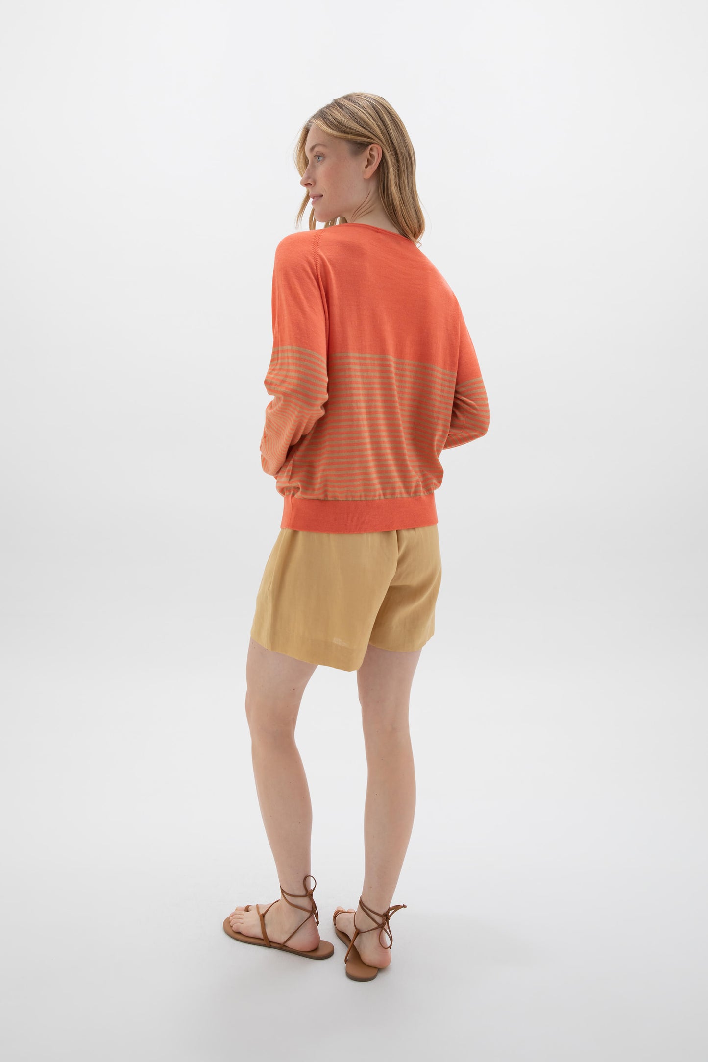 Johnstons of Elgin SS24 Women's Knitwear Coral & Camel Superfine Merino Bateau Stripe Sweater KDI00710Q24268