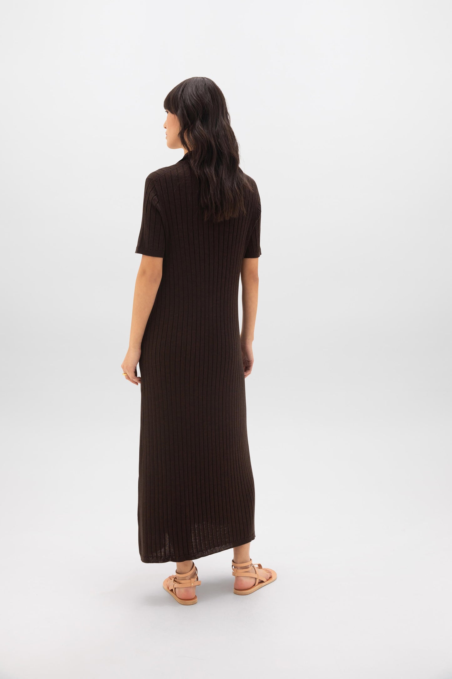 Johnstons of Elgin SS24 Women's Knitwear Peat Brown Superfine Merino Ribbed Poloshirt Dress KDI00711HB7081