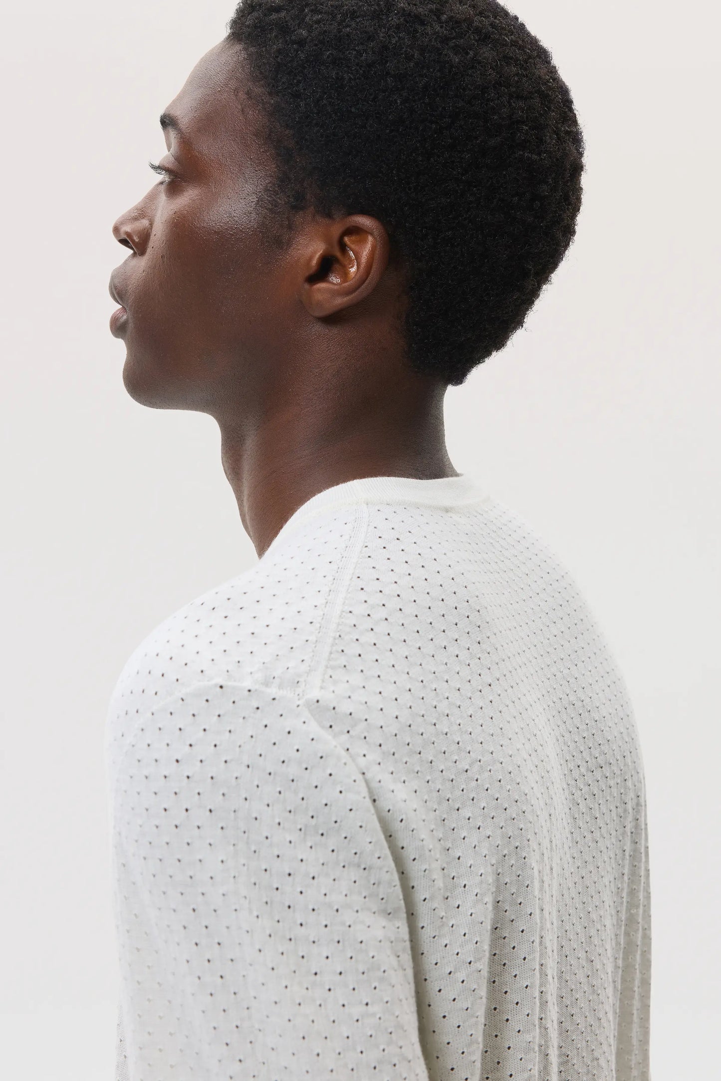 Johnstons of Elgin SS25 Men's Knitwear White Superfine Merino Mesh Crew Sweater KDI00729SA0396