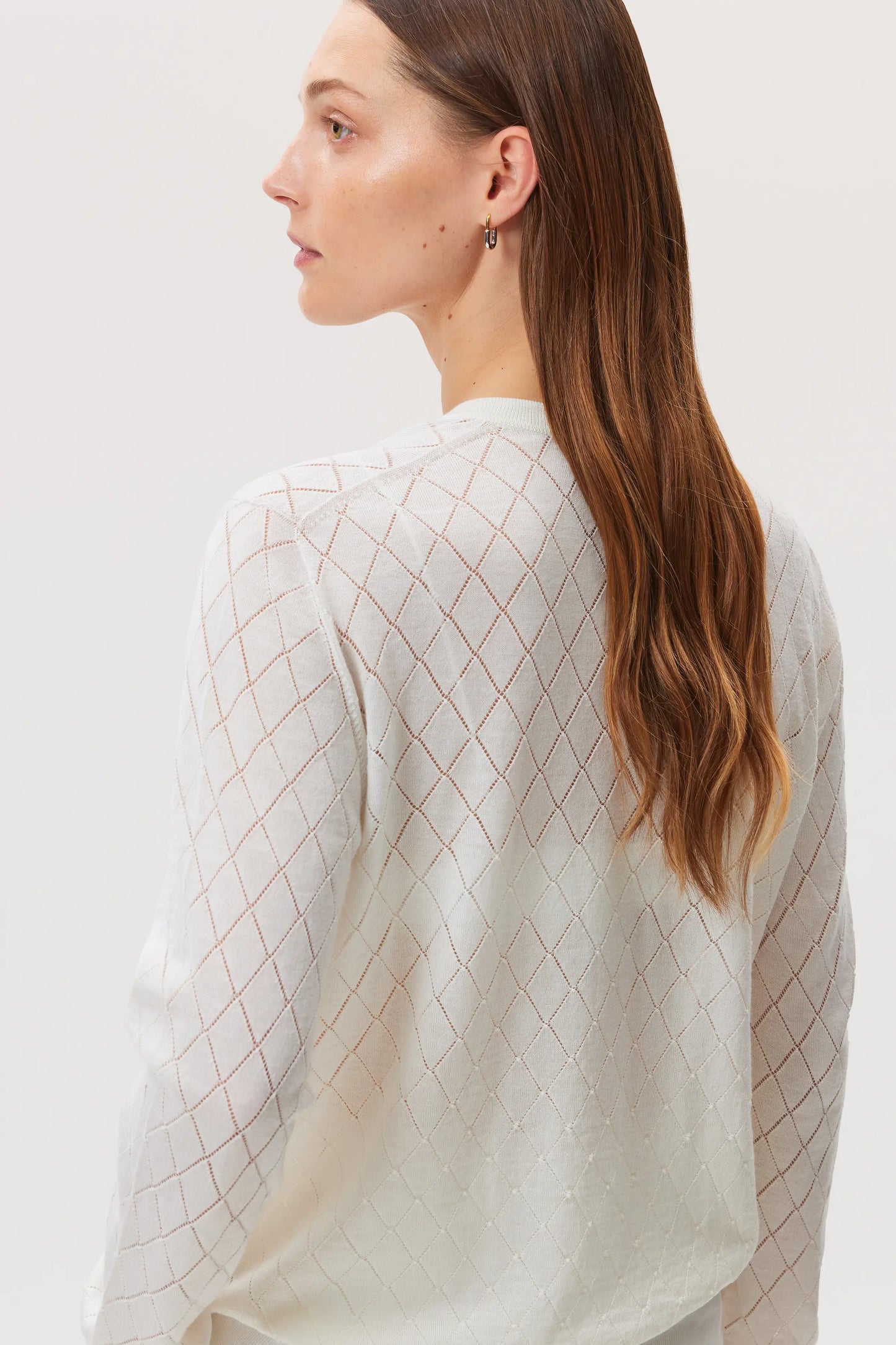 Johnstons of Elgin SS25 Women's Knitwear White Superfine Merino Pointelle Argyle Cardigan on a white backdrop KDI00742SA0396