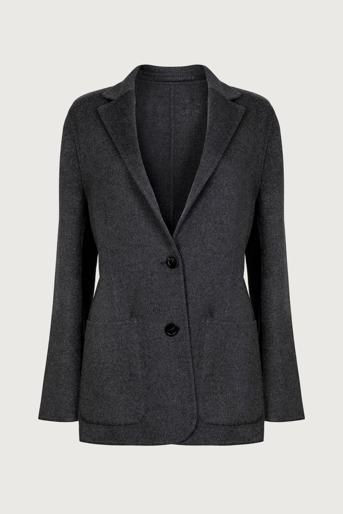 Johnstons of Elgin Women's Cashmere Double Face Boyfriend Jacket in Charcoal on a model TA000518RU6081