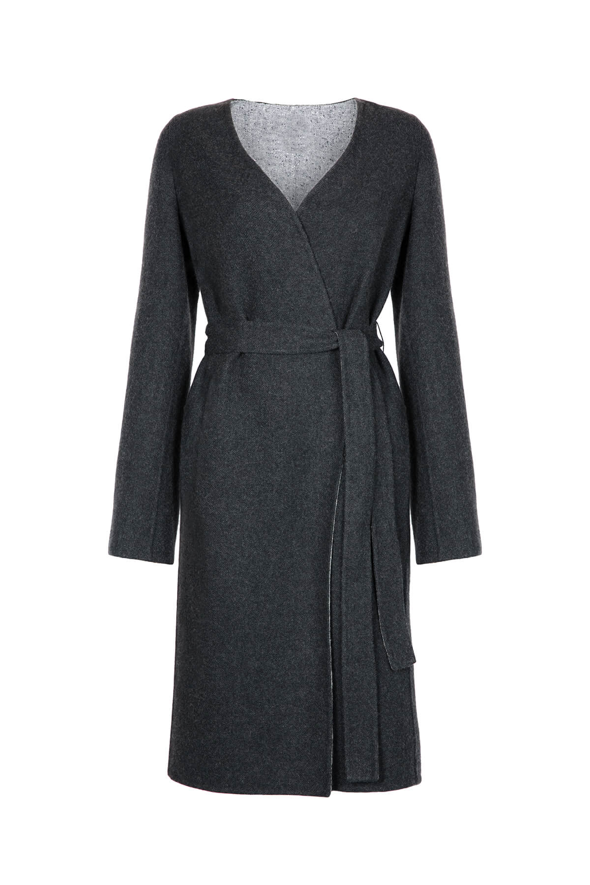Johnstons of Elgin Women’s Cashmere Donegal Collarless Coat in Charcoal & Light grey on a white background TA000544RU6081