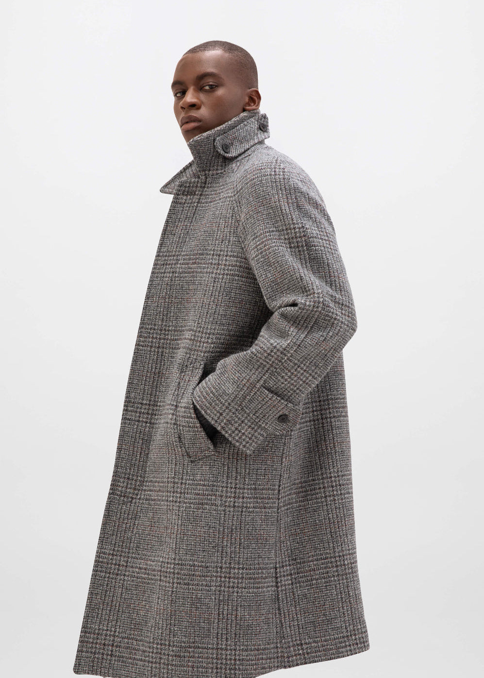 Johnstons of Elgin AW24 Men's Tailoring Grey & Rust Glen Check The Balmacaan' Men's Lambswool Coat TD000423RU7563