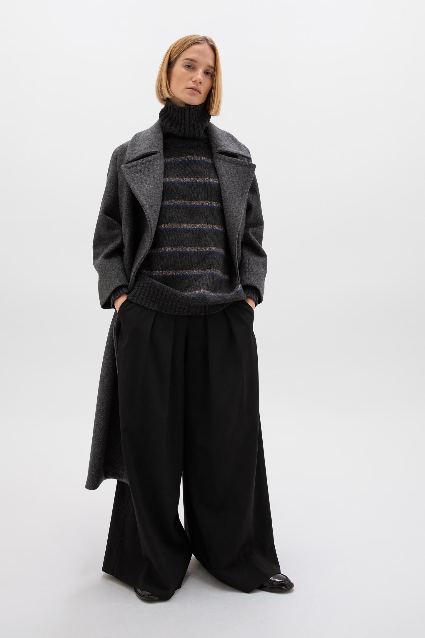 Johnstons of Elgin AW24 Women's Knitwear Charcoal & Olive Marl Marl Stripe Cashmere Roll Neck KAC05327Q24597