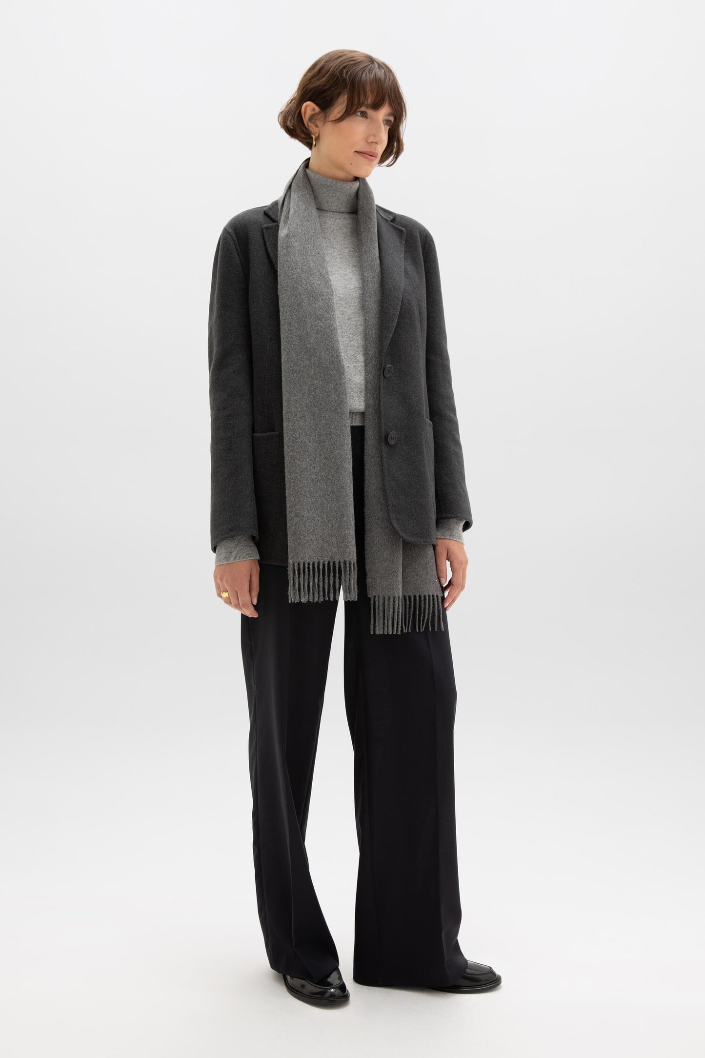 Johnstons of Elgin Women's Cashmere Double Face Boyfriend Jacket in Charcoal on a model TA000518RU6081