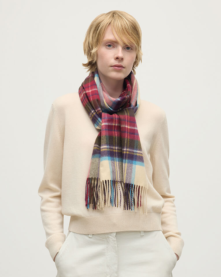 Model wearing Johnstons of Elgin Woven Accessories Hessian Dress Stewart Hessian Dress Stewart Wide Cashmere Scarf WA000057KU0010N/A