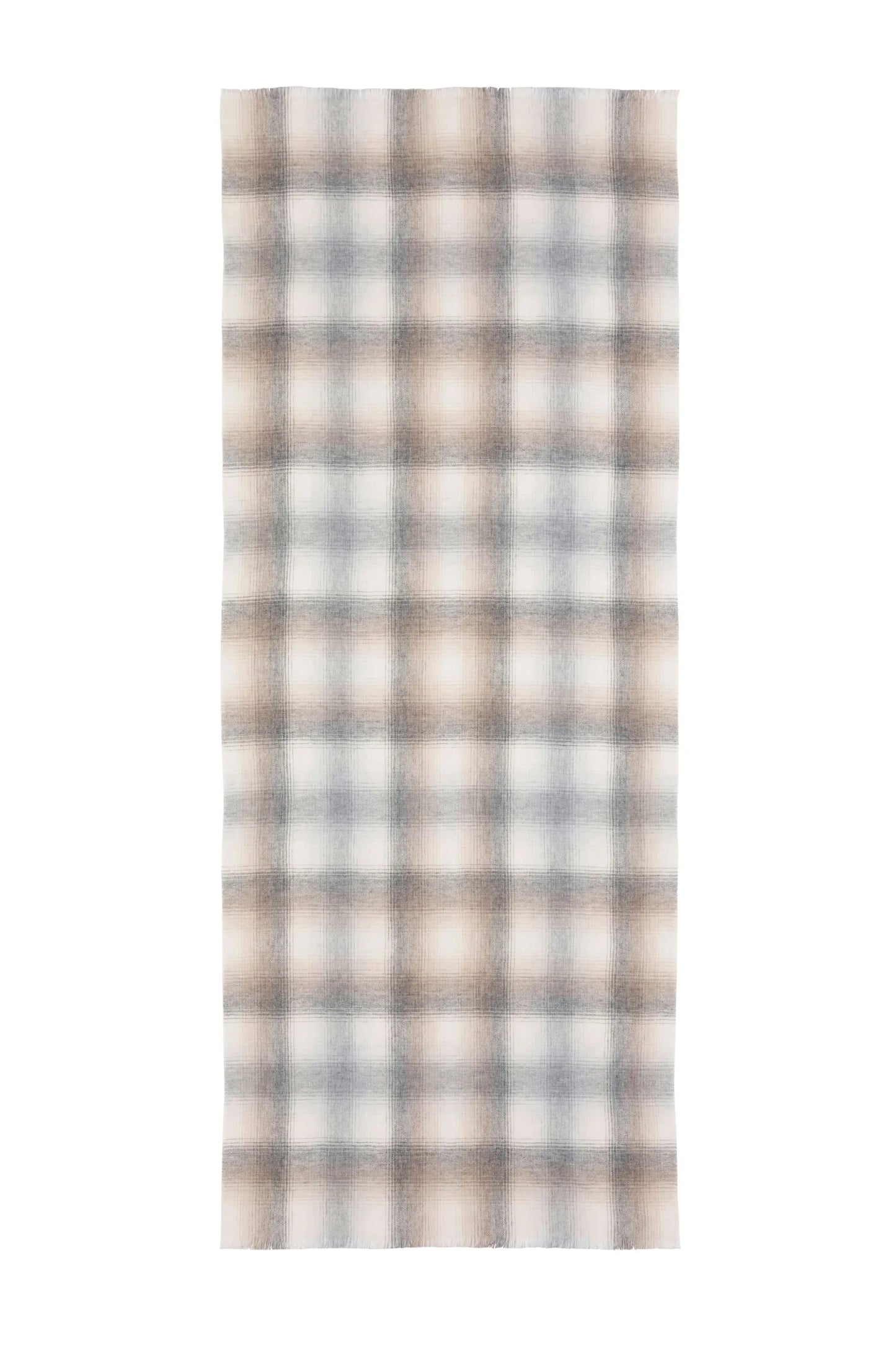 Johnstons of Elgin SS25 Accessories Grey Ombre Check Lightweight Cashmere Stole lying flat on a white background WA001174RU7616ONE