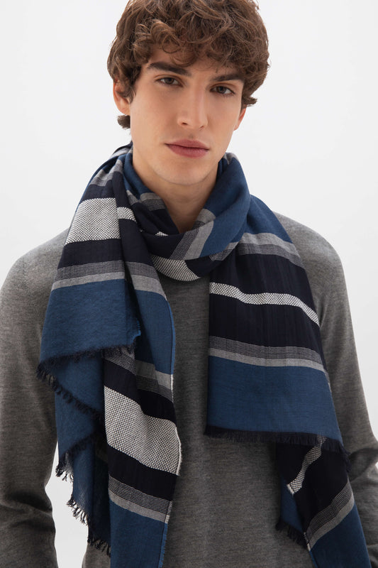 Johnstons of Elgin SS24 Accessories Navy Tissue Textured Stripe Scarf WB002483RU7402ONE